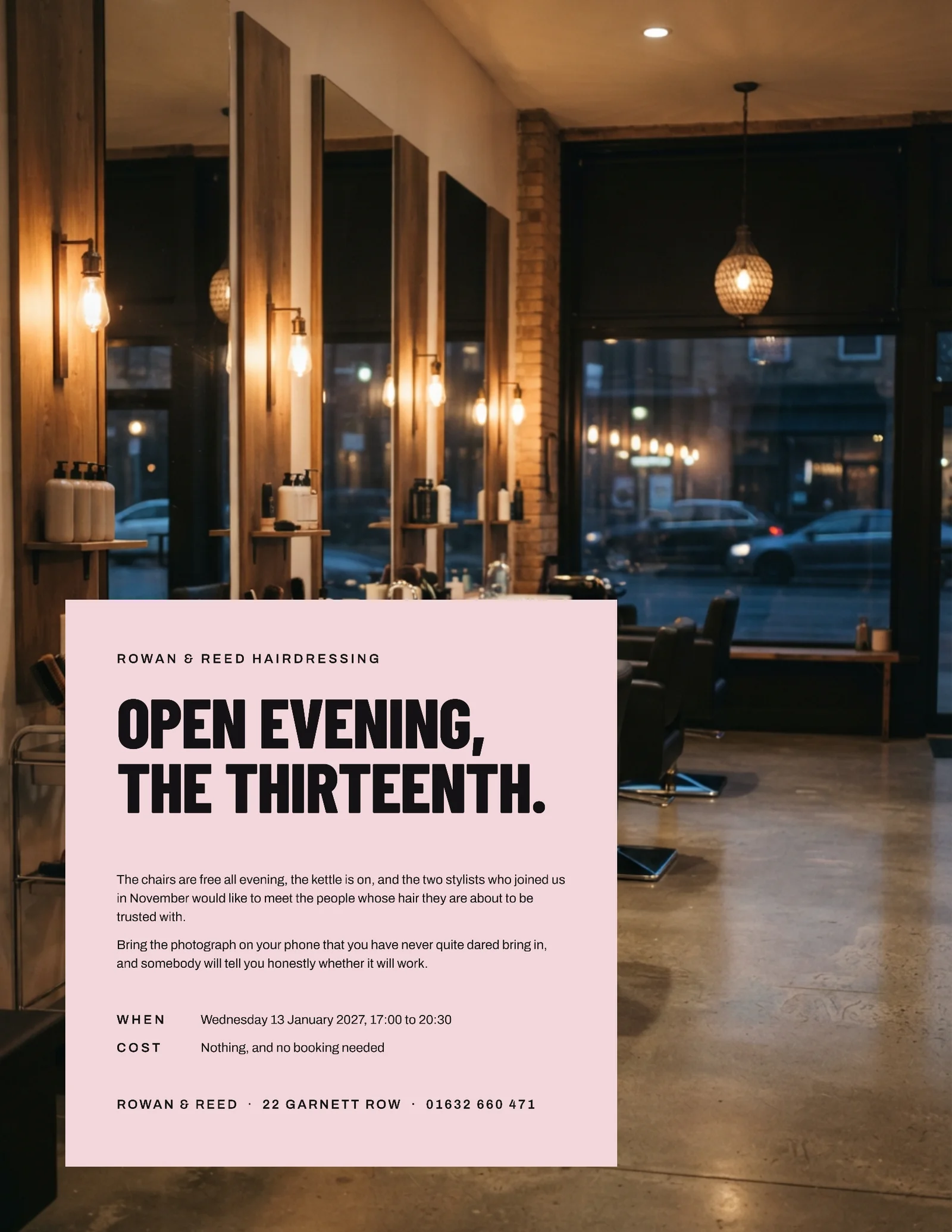 Blush Inset Panel Hair Salon New Year Open Evening Invitation — Letter Invitation template