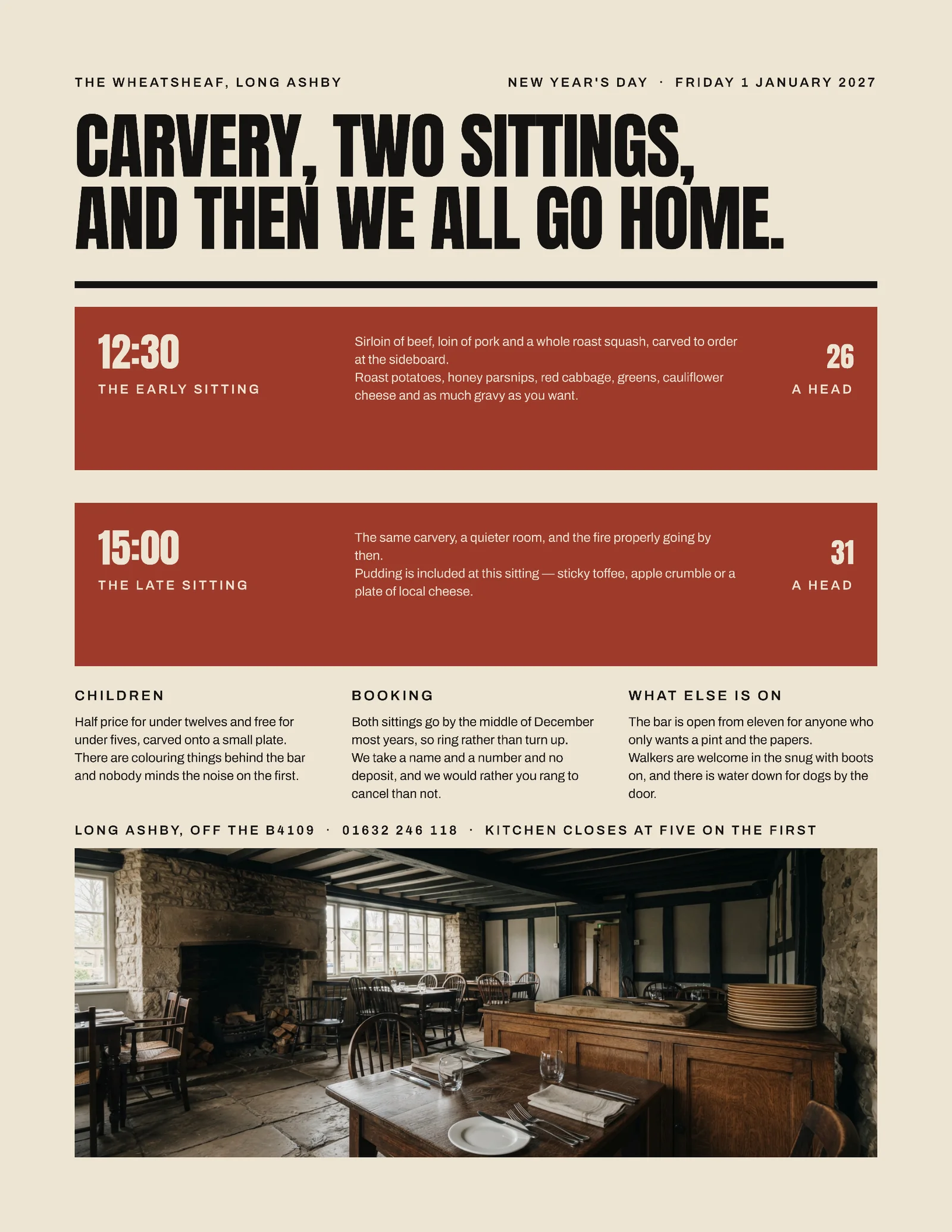 Brick Two Sittings Pub New Year Day Carvery Menu — Letter Menu template