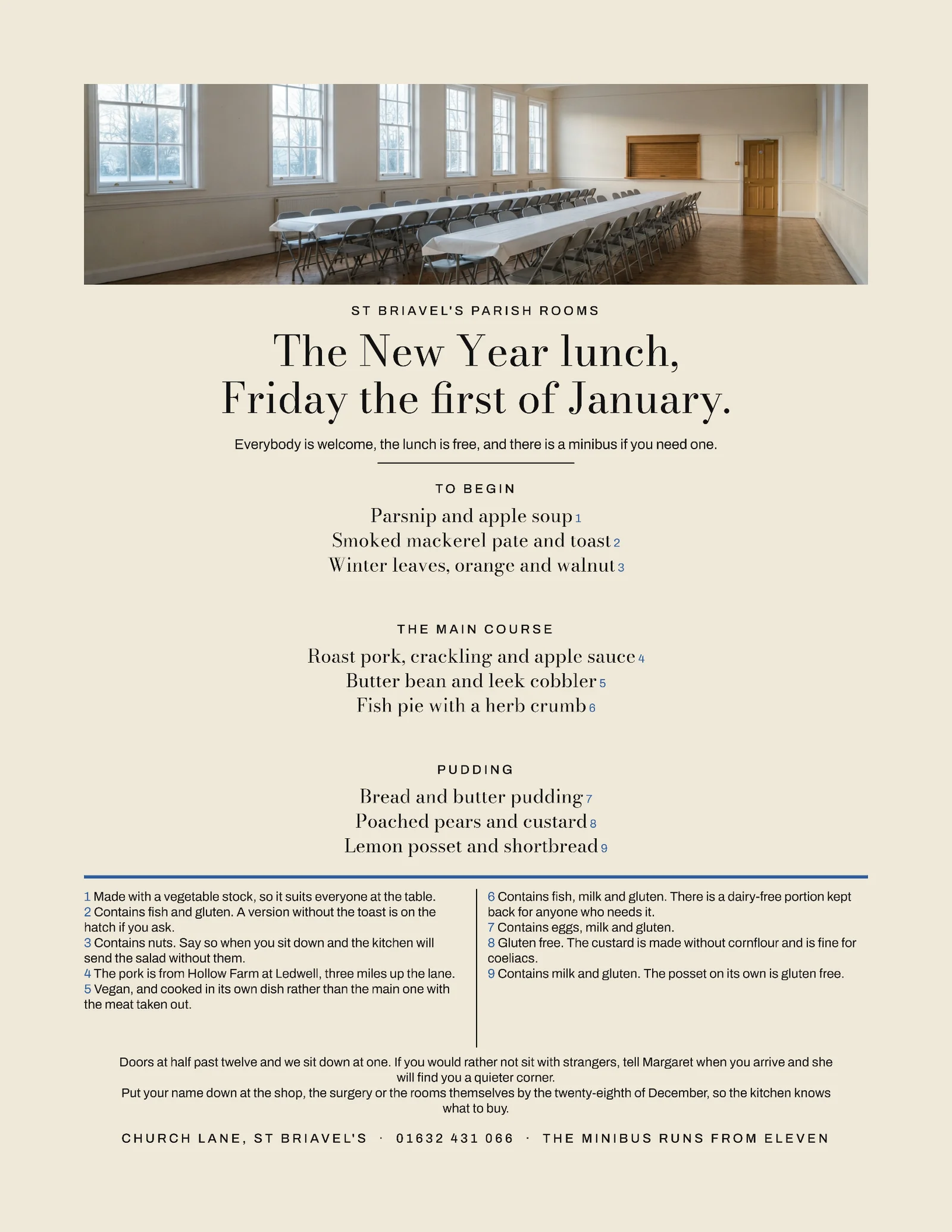 Ecru Footnoted List Parish Rooms New Year Lunch Menu — Letter Menu template