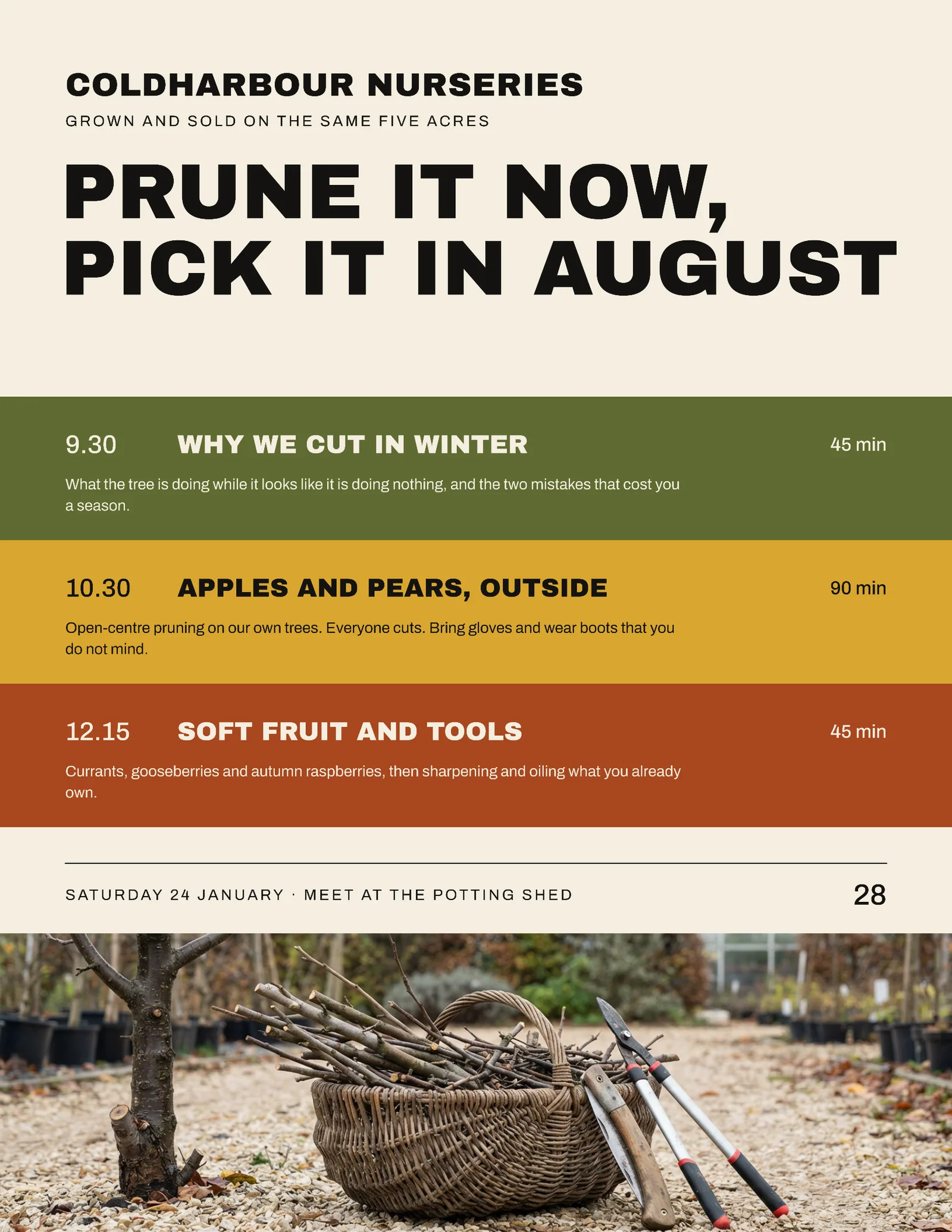 Cream Olive Mustard Rust Stacked Bands Garden Nursery Pruning Workshop Flyer — Letter Flyer template