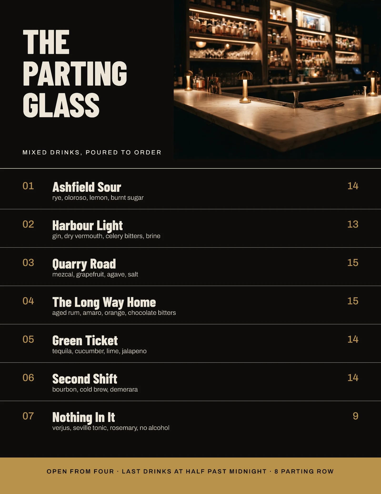 Near Black Brass Corner Photo Numbered Cocktail List Bar Menu Flyer — Letter Flyer template