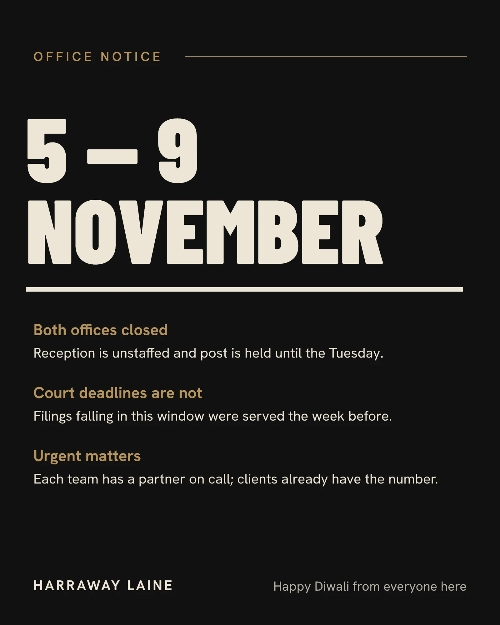 Near Black Date Block Law Firm Diwali Office Hours Post — 4:5 LinkedIn post template