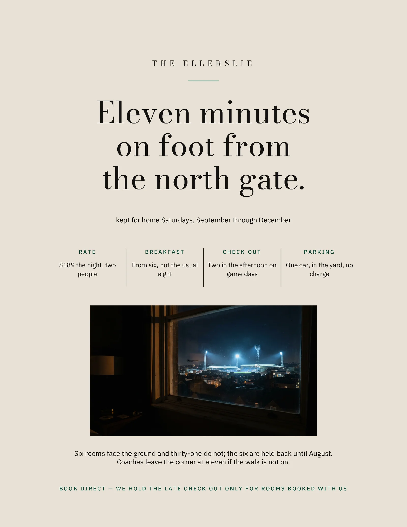 Stone Bottle Green Low Plate Hotel Match Day Stay Flyer — Letter Flyer template