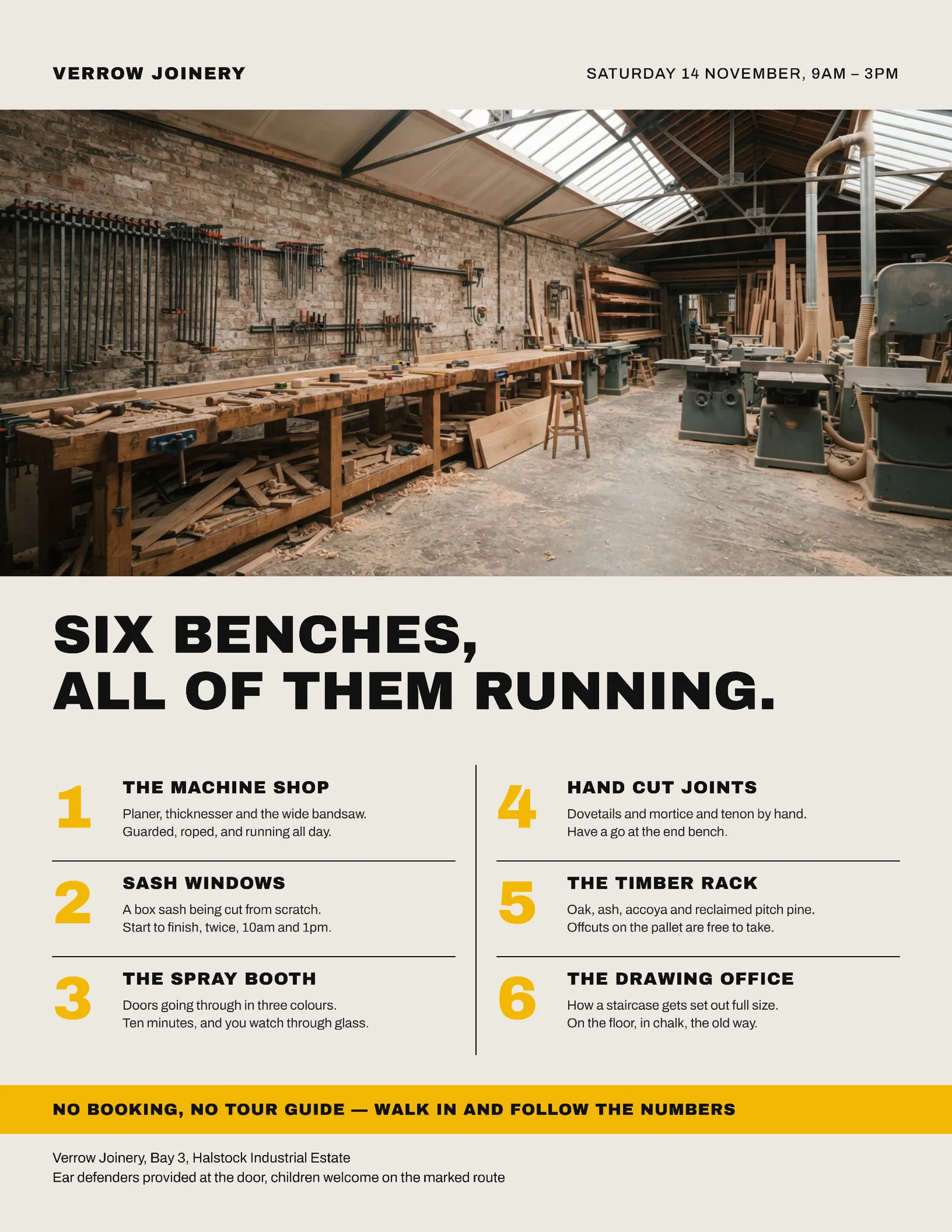 Bone Industrial Yellow Numbered Key Joinery Open House Flyer — Letter Flyer template