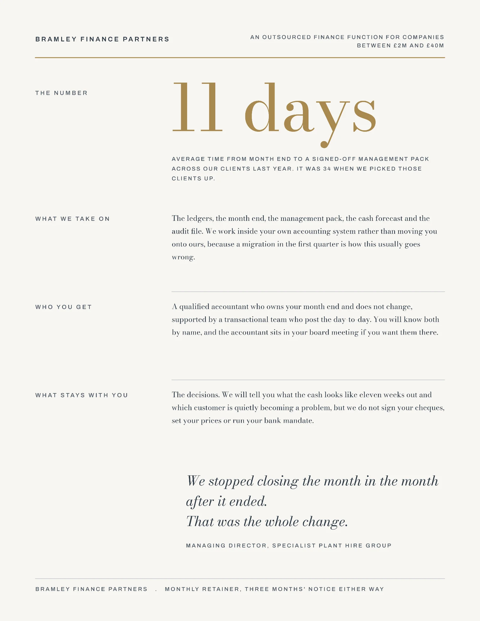 Outsourced Finance Eleven Days One-Pager — 2-page One pager template, page 1 of 2