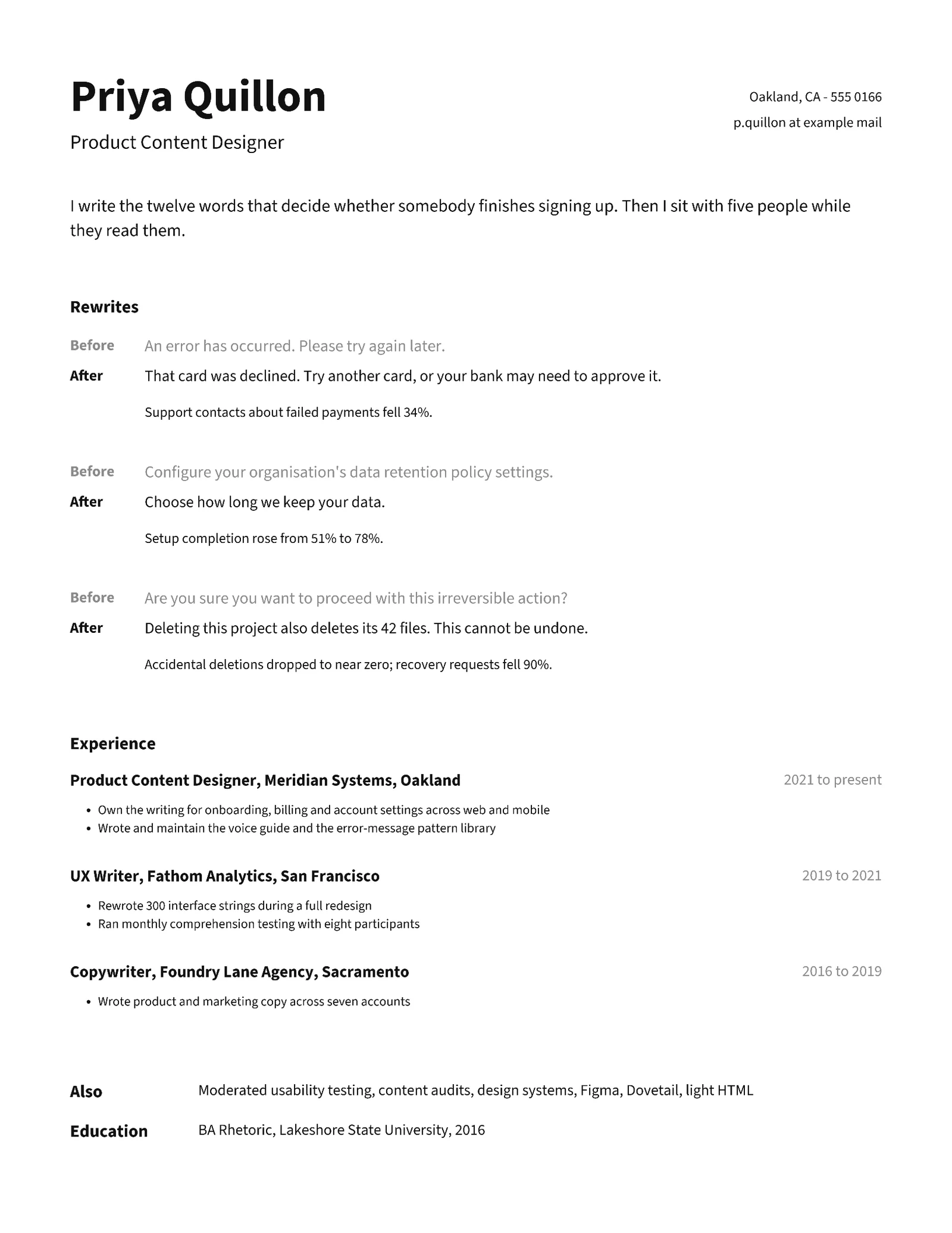 UX Writer Resume — Letter Resume template