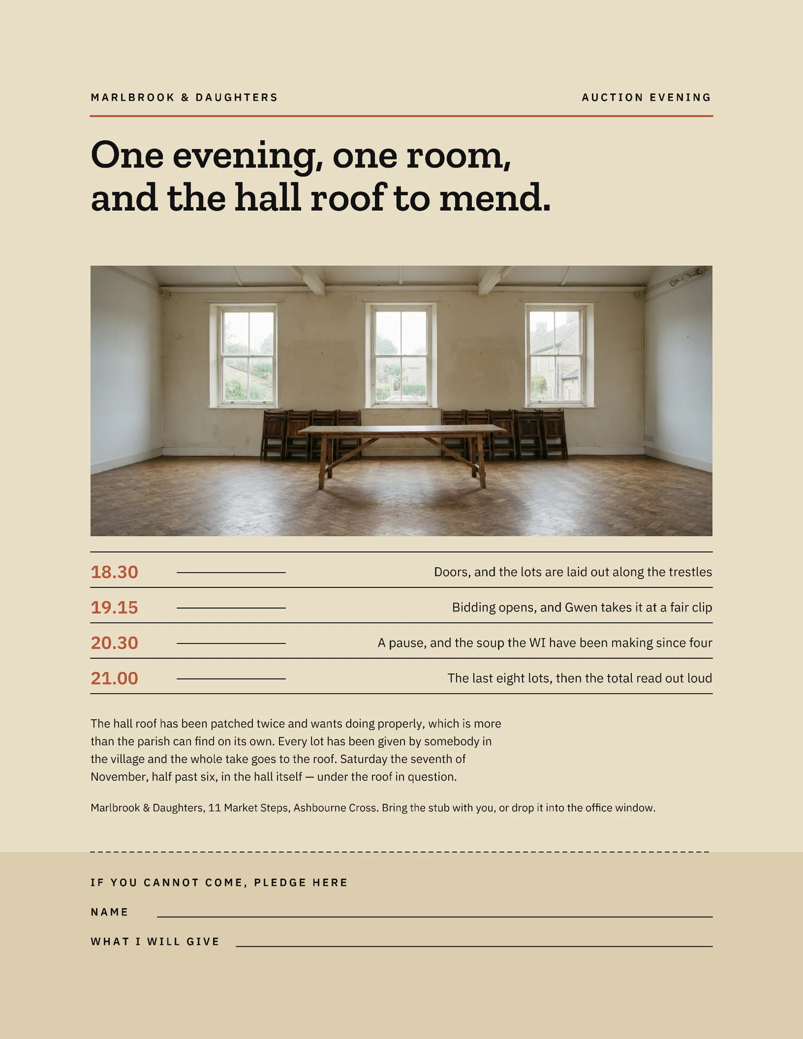 Sand Terracotta Tear Off Stub Village Hall Auction Invitation — Letter Invitation template