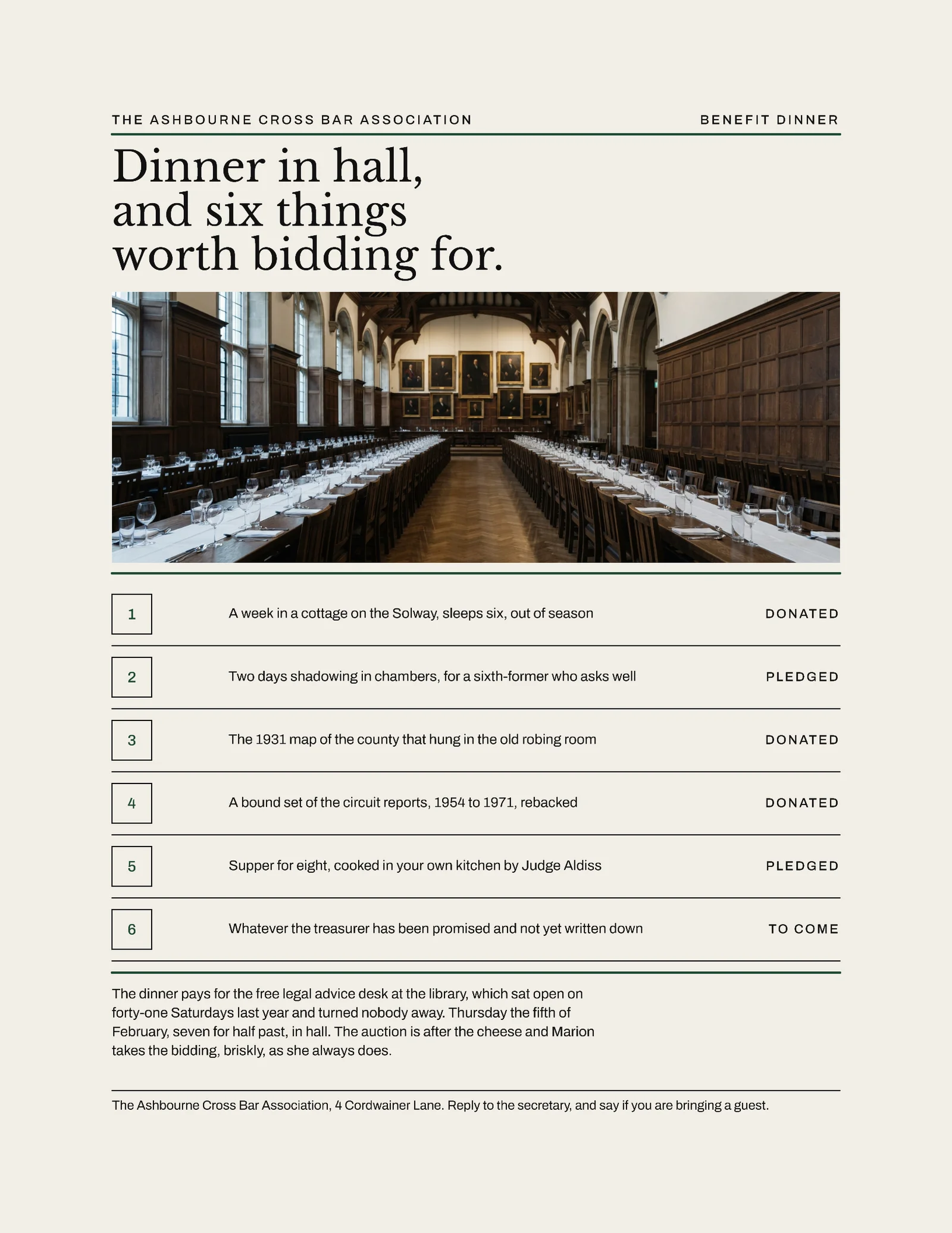 Bone Forest Auction Lot List Bar Association Benefit Dinner Invitation — Letter Invitation template
