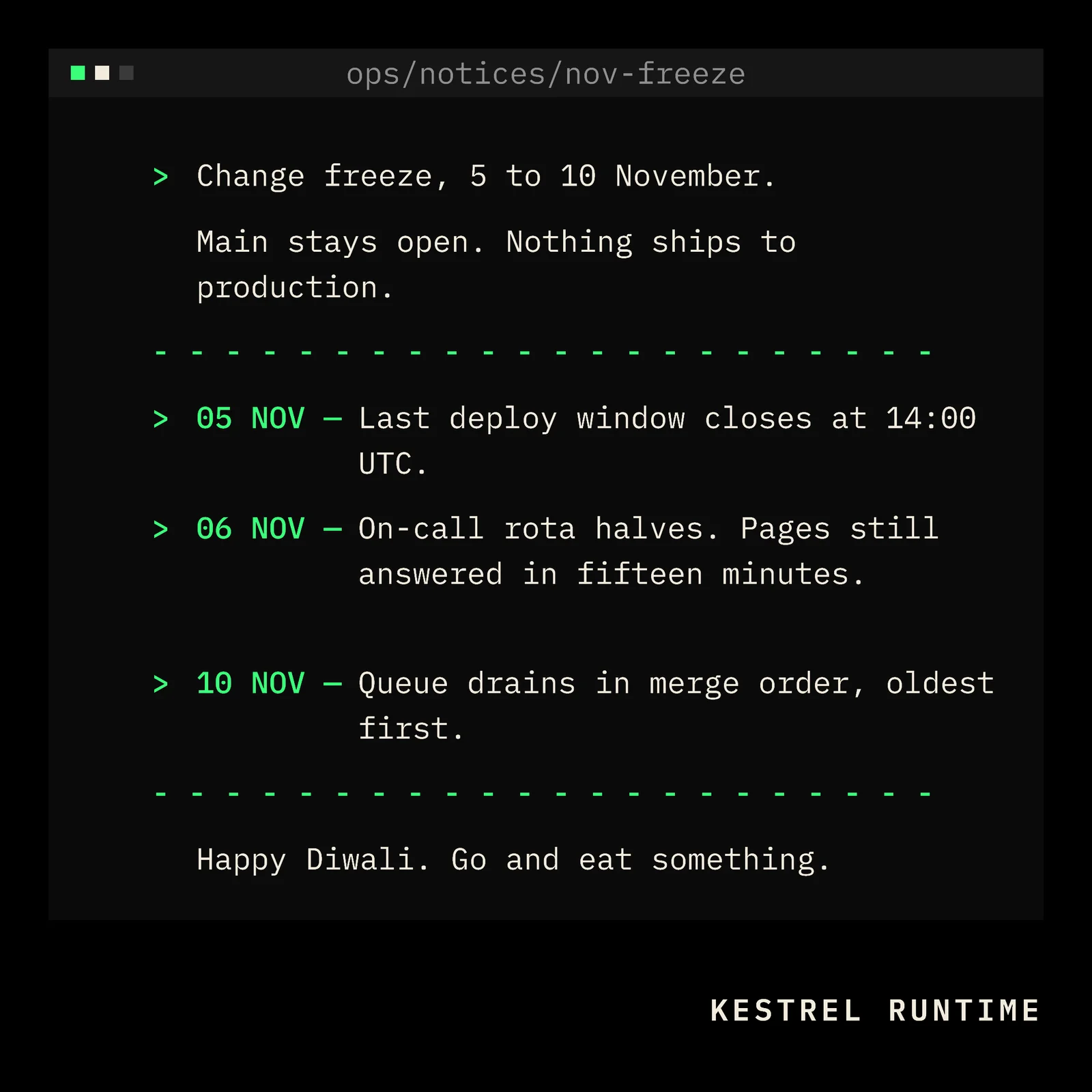 Black Phosphor Terminal Window Devtools Diwali Change Freeze Post — 1:1 LinkedIn post template