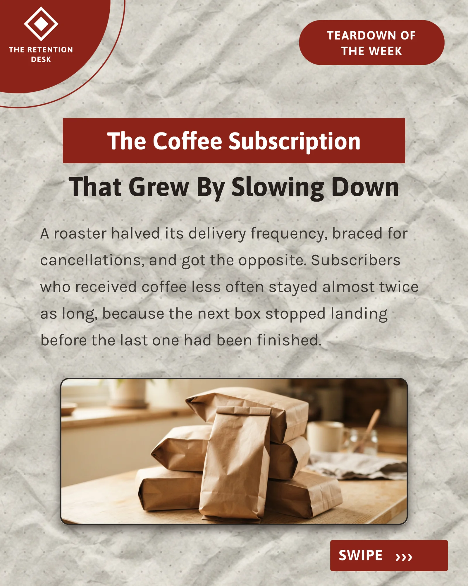 Oxblood paper subscription teardown carousel — 5-panel Instagram carousel carousel template, page 1 of 5