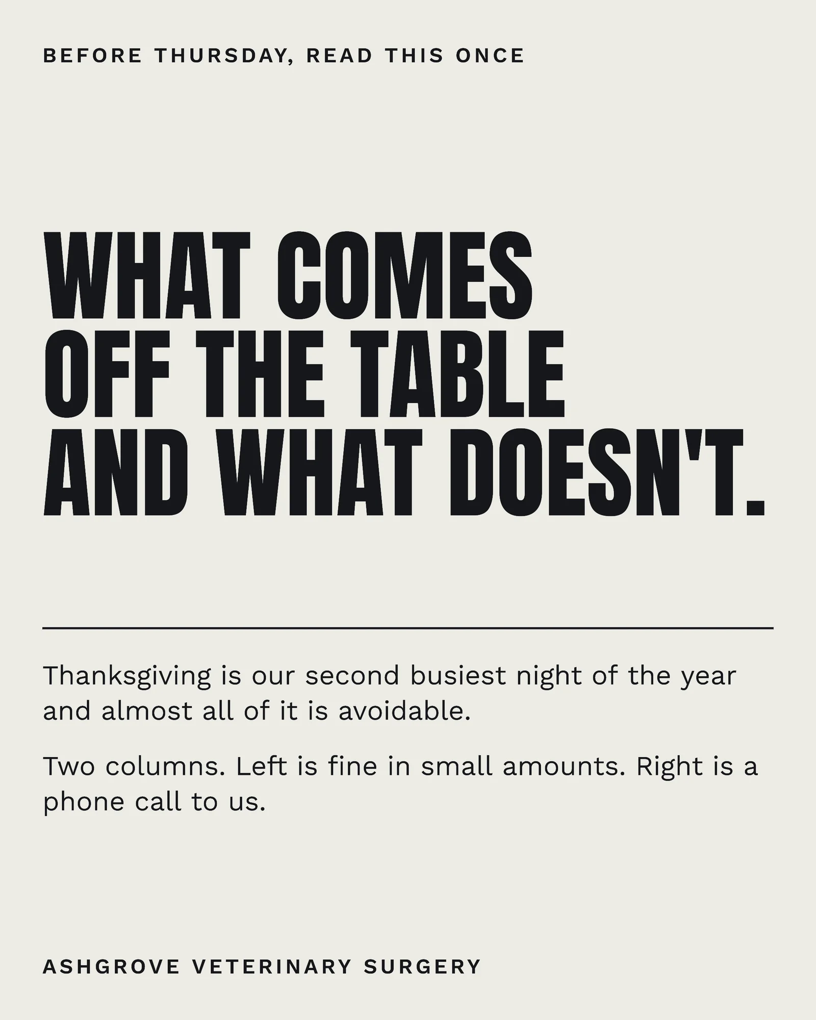 Bone Two-Column Veterinary Thanksgiving Table Scraps Facebook Carousel — 4-panel Facebook carousel carousel template, page 1 of 4
