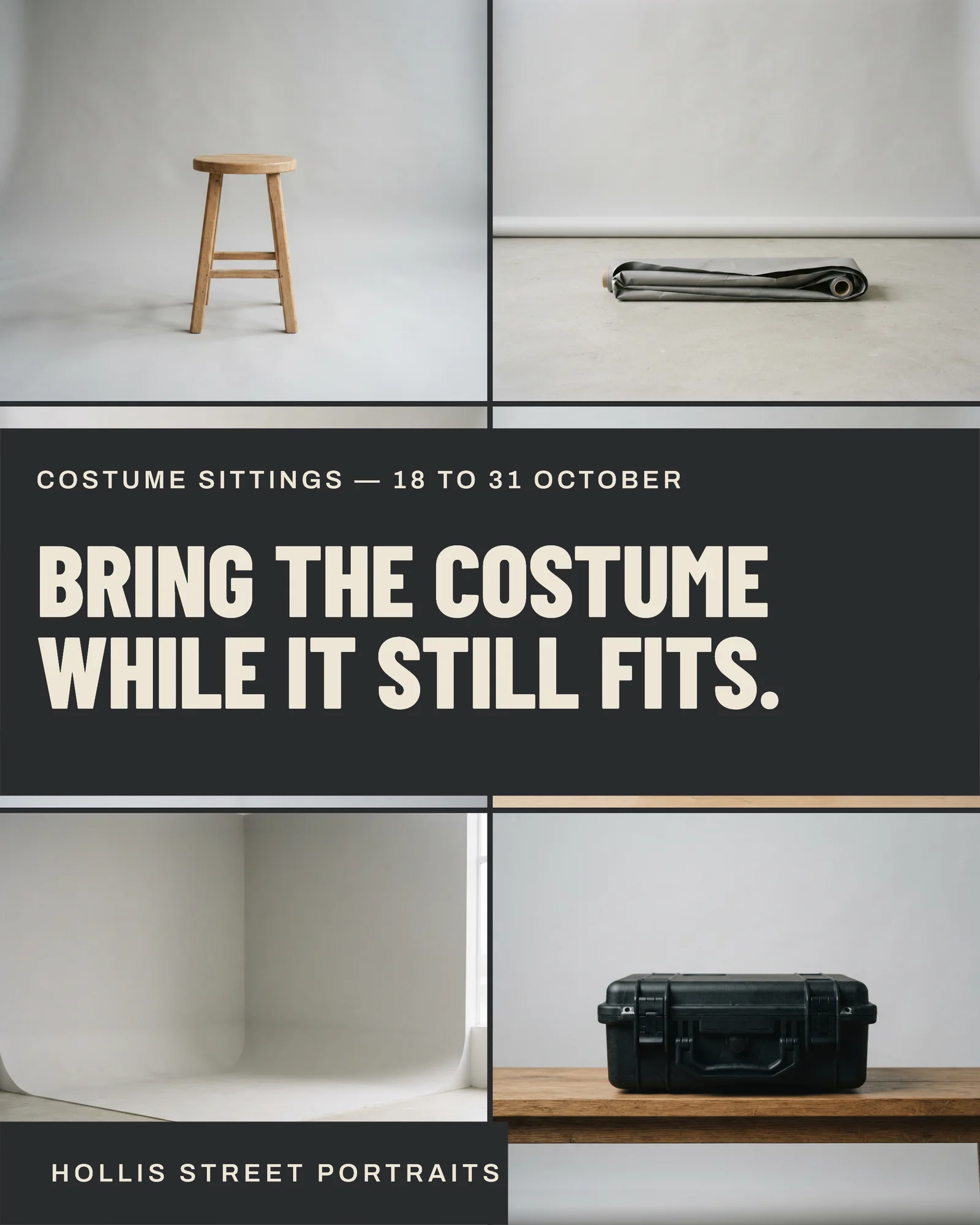 Graphite Contact Sheet Portrait Studio Halloween Sittings Instagram Carousel — 4-panel Instagram carousel carousel template, page 1 of 4