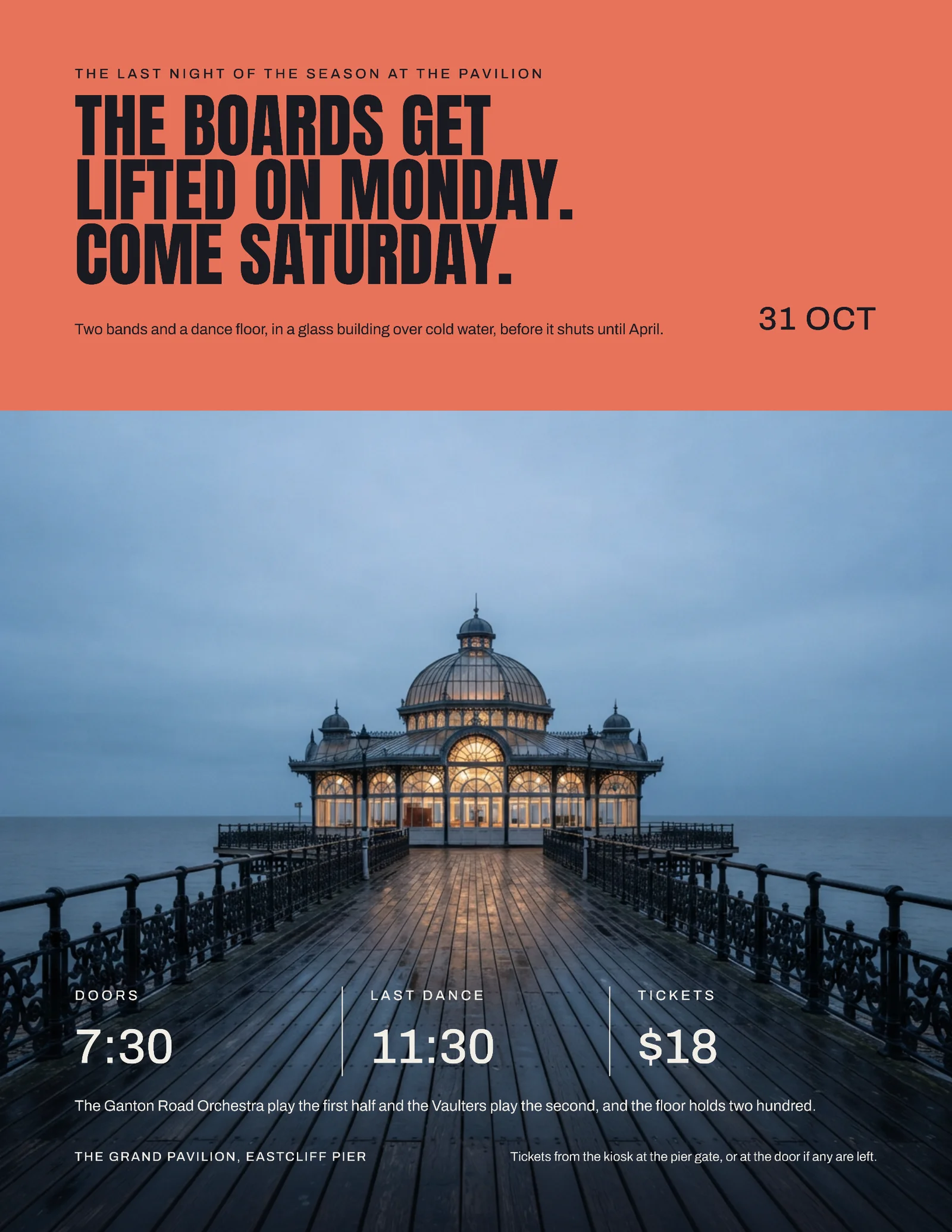 Coral Blue Hour Inverted Poster Pier Pavilion Closing Night Flyer — Letter Flyer template