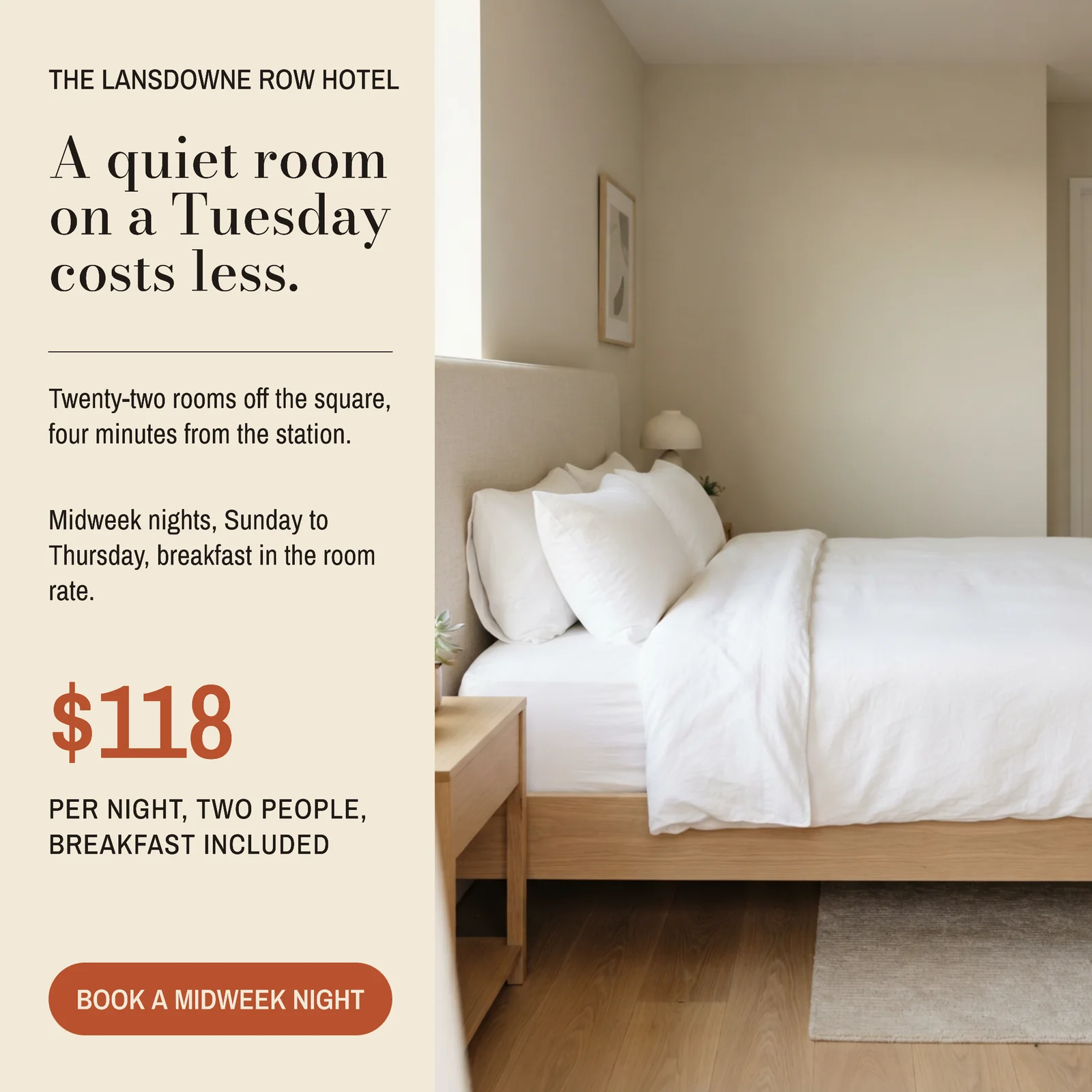 Cream Terracotta Vertical Split City Hotel Midweek Room Facebook Ad — 1:1 Facebook ad template