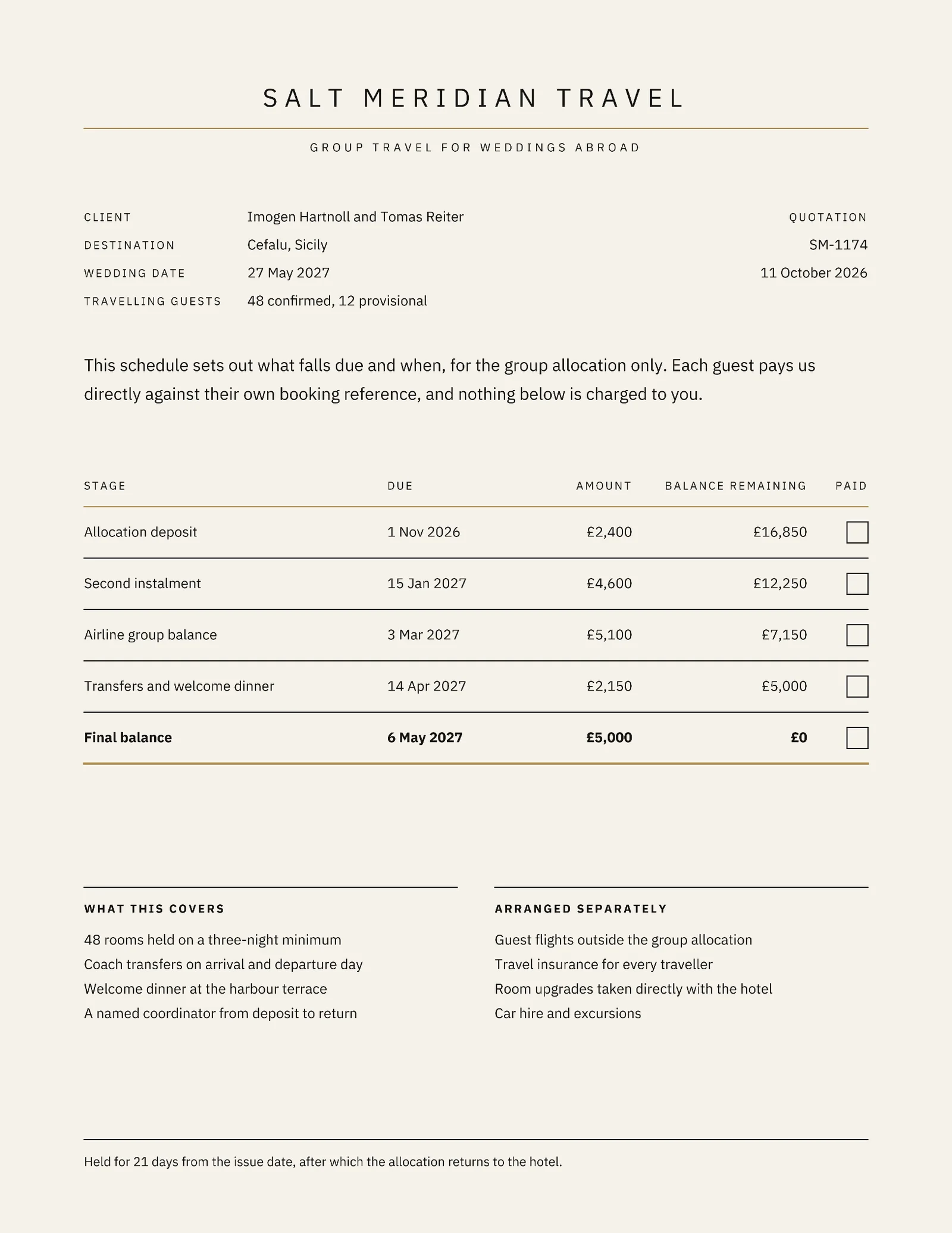 Destination Wedding Travel Payment Schedule Quote — Letter Quote template