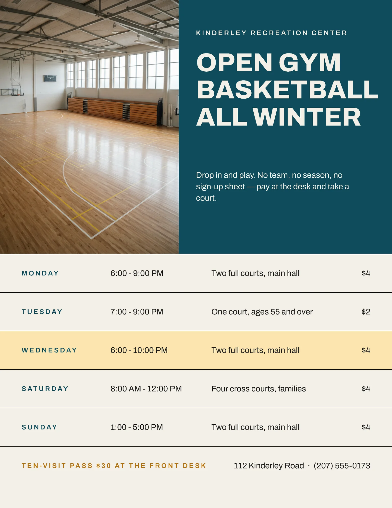 Teal Marigold Split Cover Session Rows Recreation Center Open Gym Flyer — Letter Flyer template