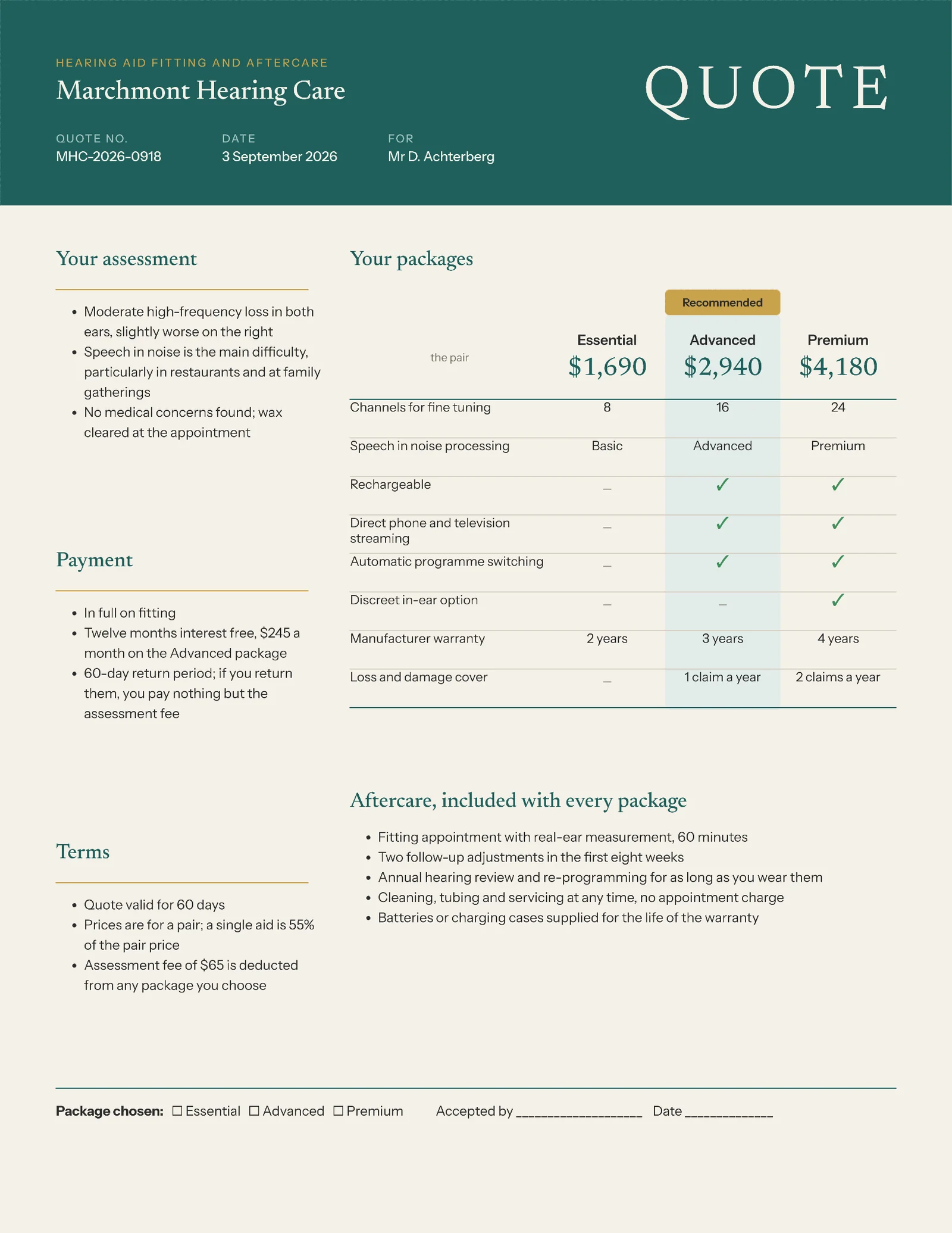 Bone Teal Hearing Care Package Quote — 2-page Quote template, page 2 of 2
