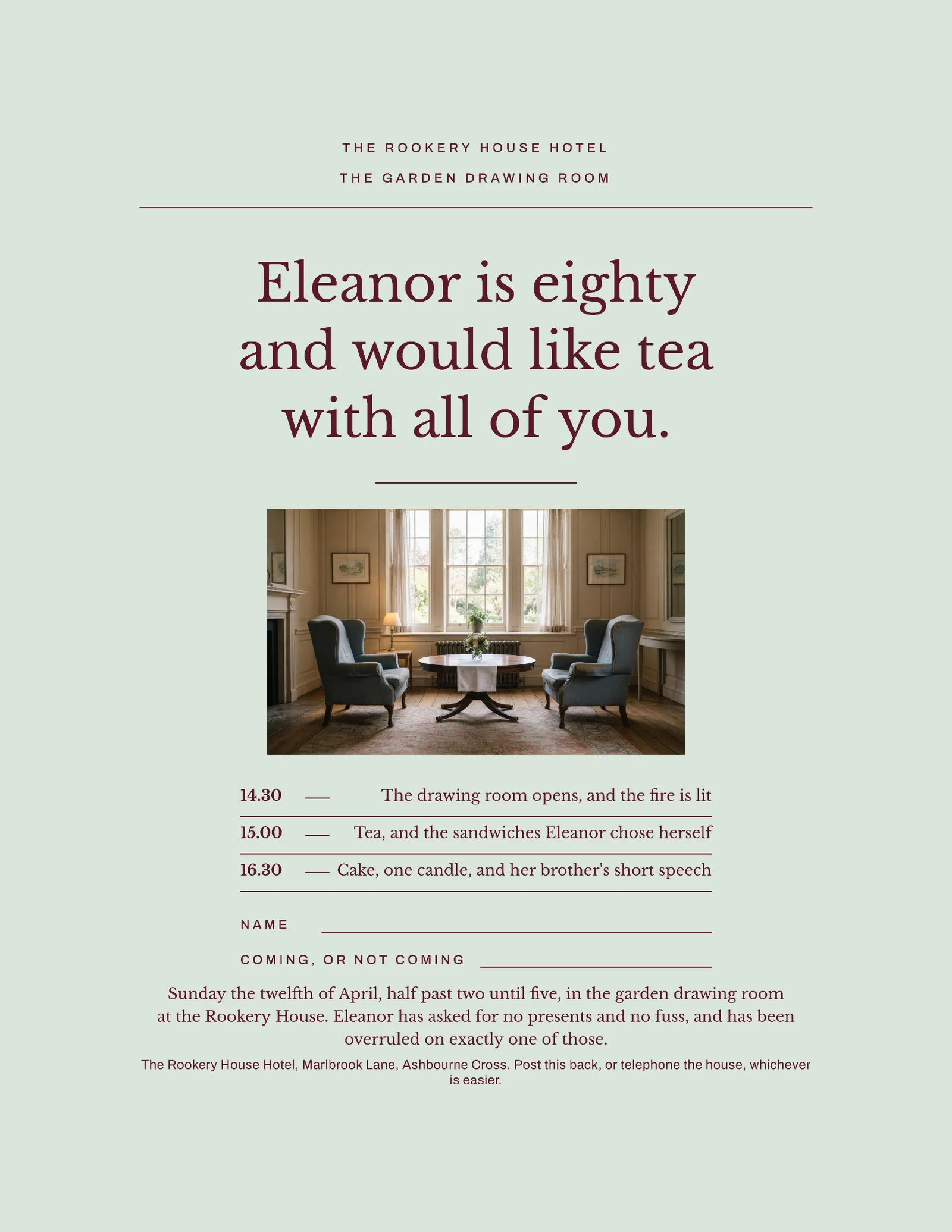 Eau De Nil Burgundy Reply Card Hotel Eightieth Birthday Invitation — Letter Invitation template
