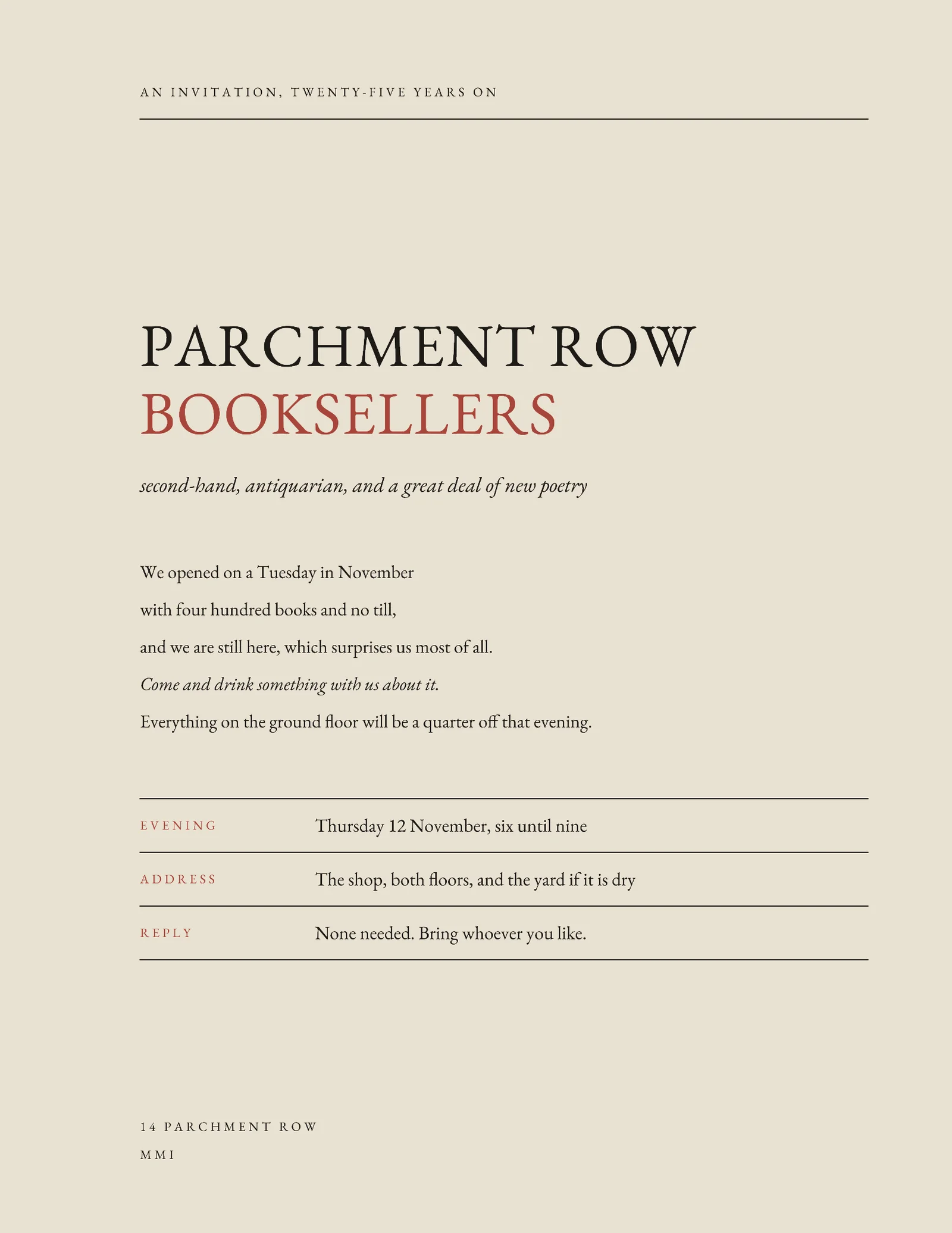 Oatmeal Faded Red Title Page Bookshop Twenty Fifth Anniversary Invitation — Letter Invitation template