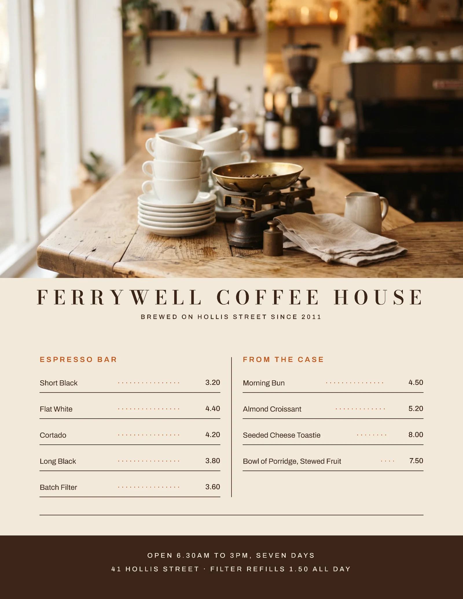 Espresso Cream Counter Photo Cafe Coffee And Pastry Menu Flyer — Letter Flyer template