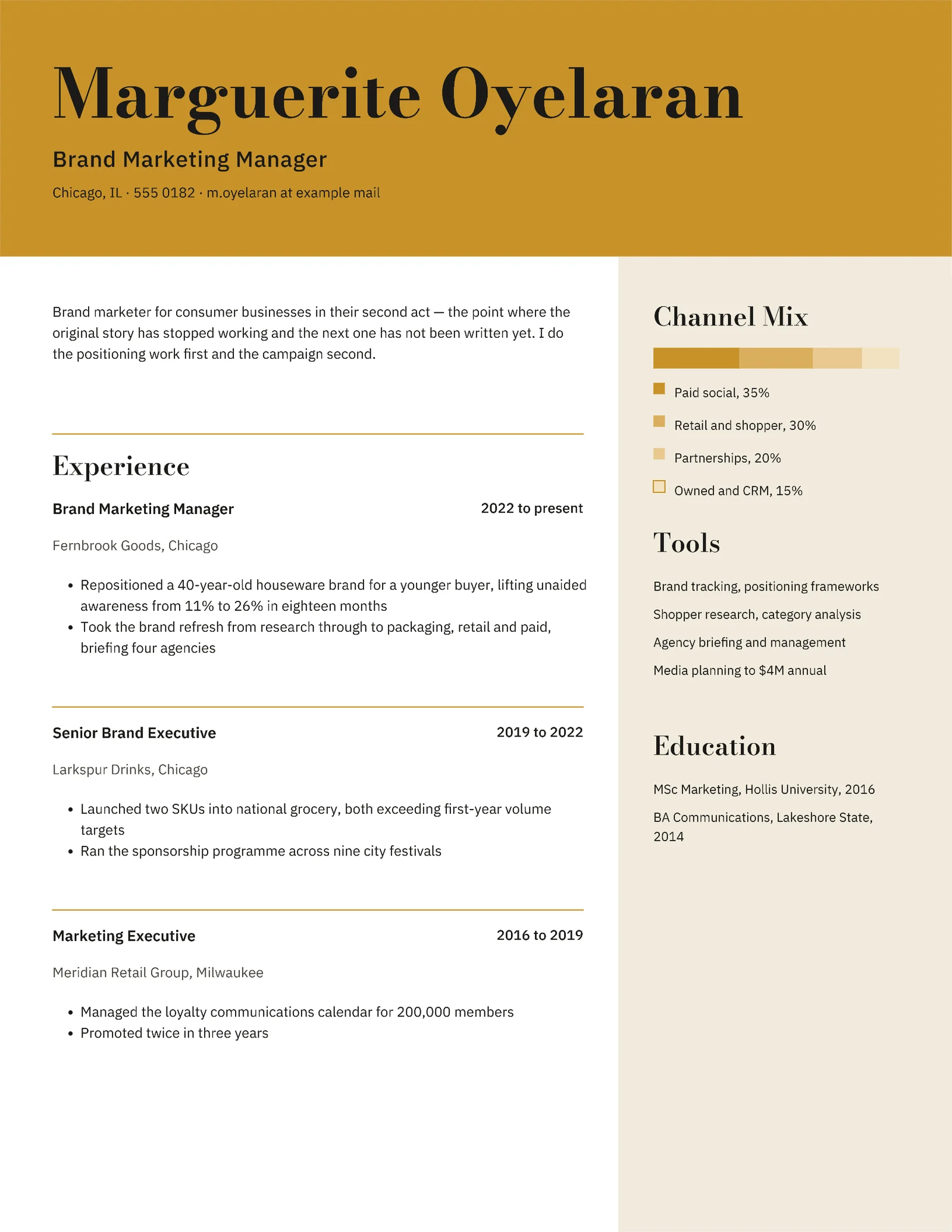 Ochre Band Chart Brand Marketing Manager Resume — Letter Resume template