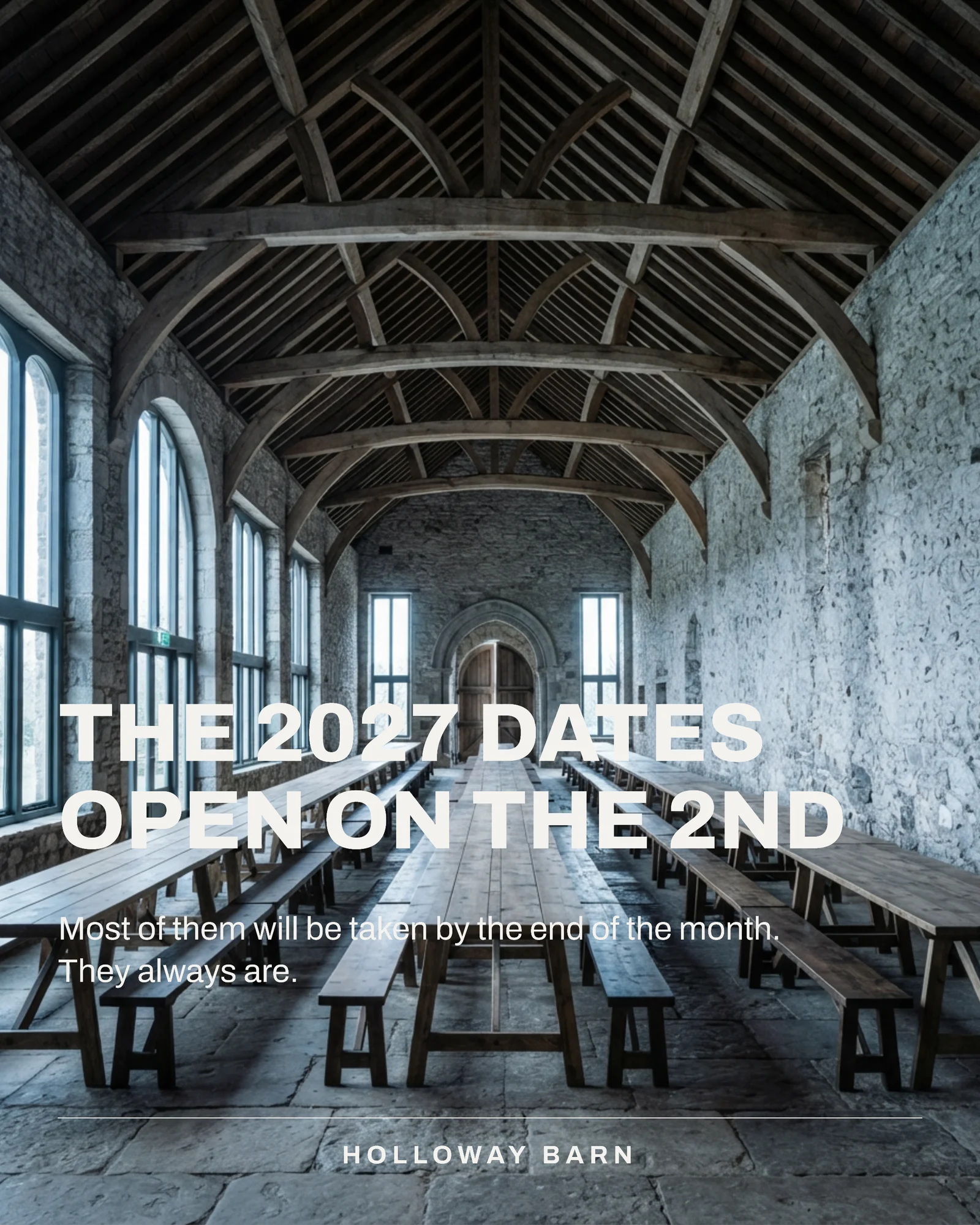 Stone Forest Date Column Wedding Barn 2027 Dates Facebook Carousel — 4-panel Facebook carousel carousel template, page 1 of 4