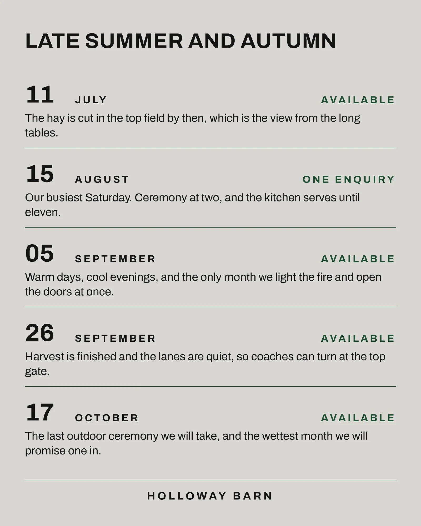 Stone Forest Date Column Wedding Barn 2027 Dates Facebook Carousel — 4-panel Facebook carousel carousel template, page 3 of 4
