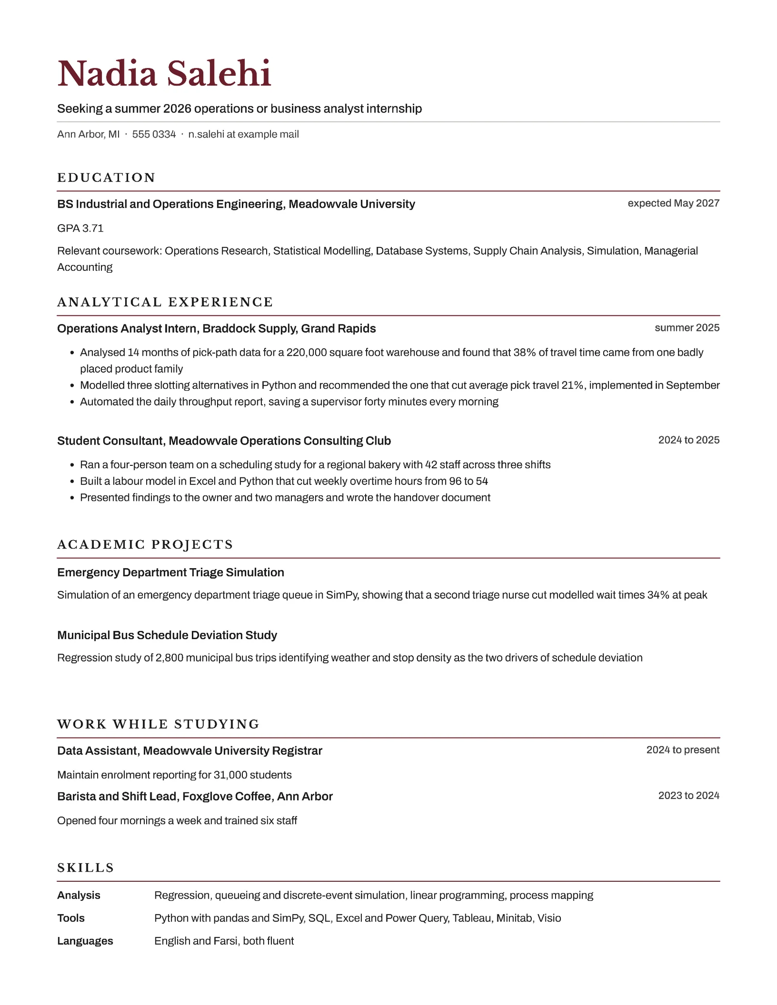 Operations Analyst Intern Resume — Letter Resume template