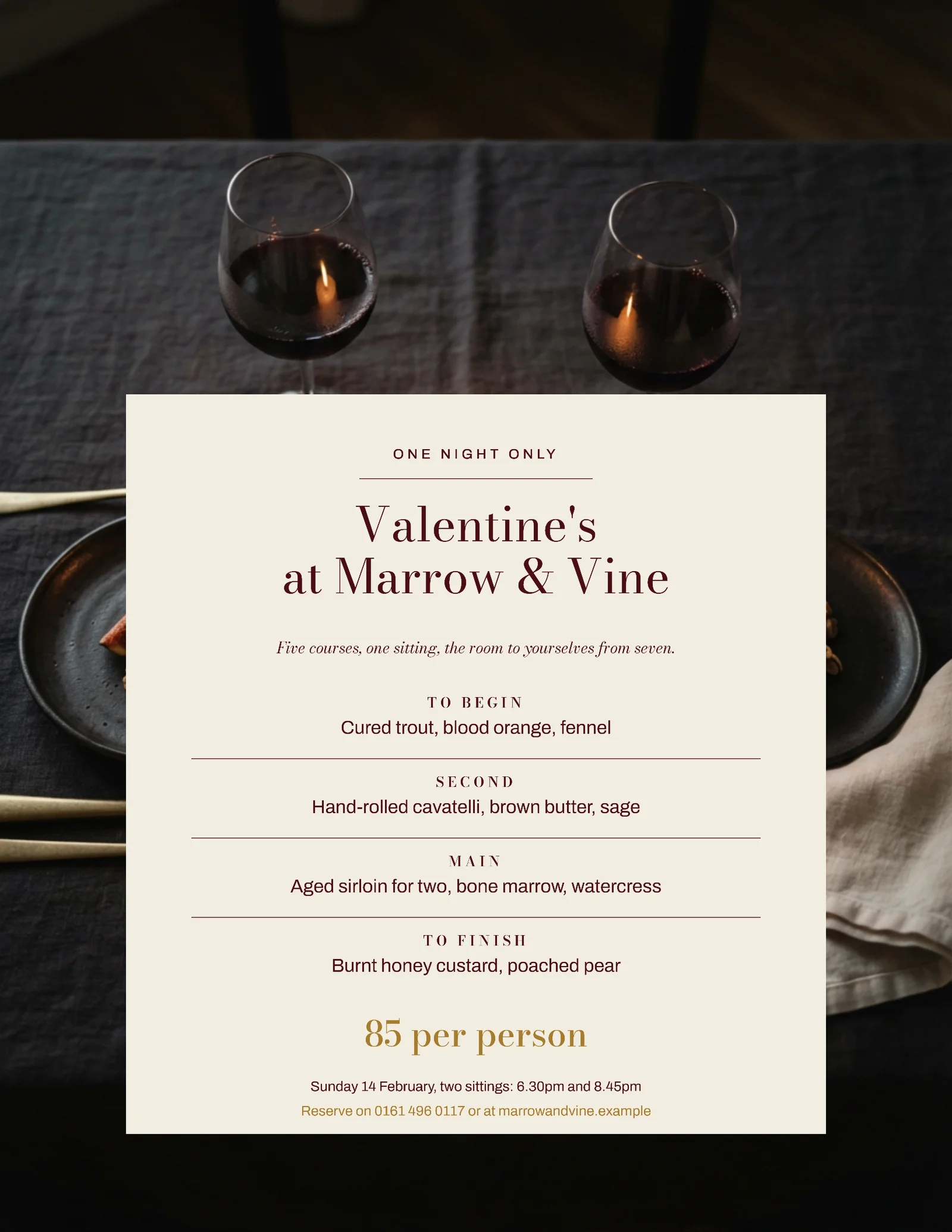 Oxblood Bone Brass Floated Menu Card Bistro Valentine's Dinner Flyer — Letter Flyer template