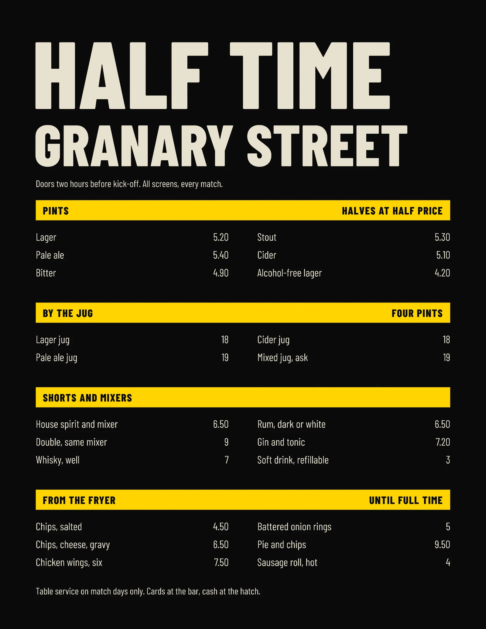 Signal Yellow Rule Bands Sports Bar Matchday Menu — Letter Menu template