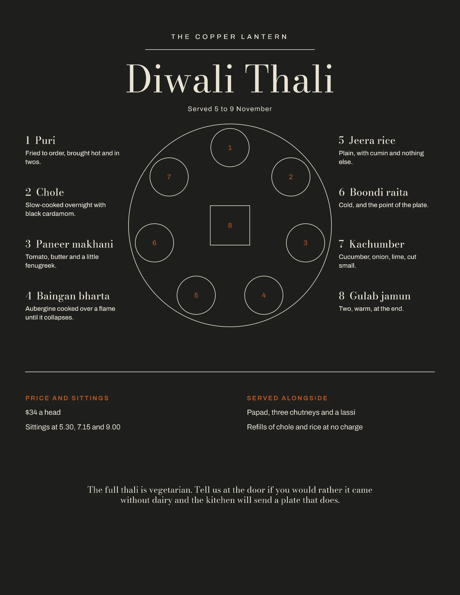 Burnt Orange Thali Plan Restaurant Diwali Set Menu — Letter Menu template