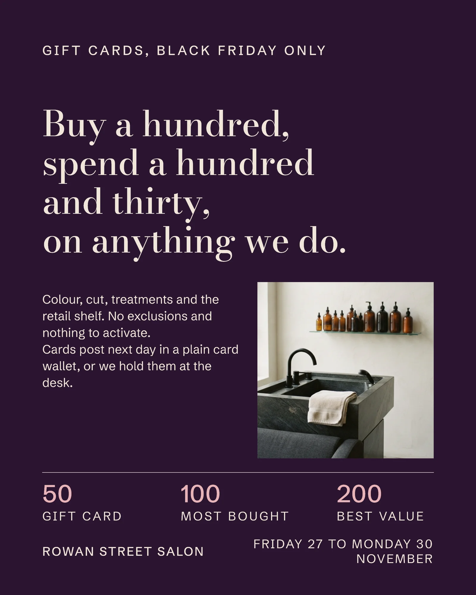 Plum Typographic Salon Gift Card Black Friday Facebook Ad — 4:5 Facebook ad template