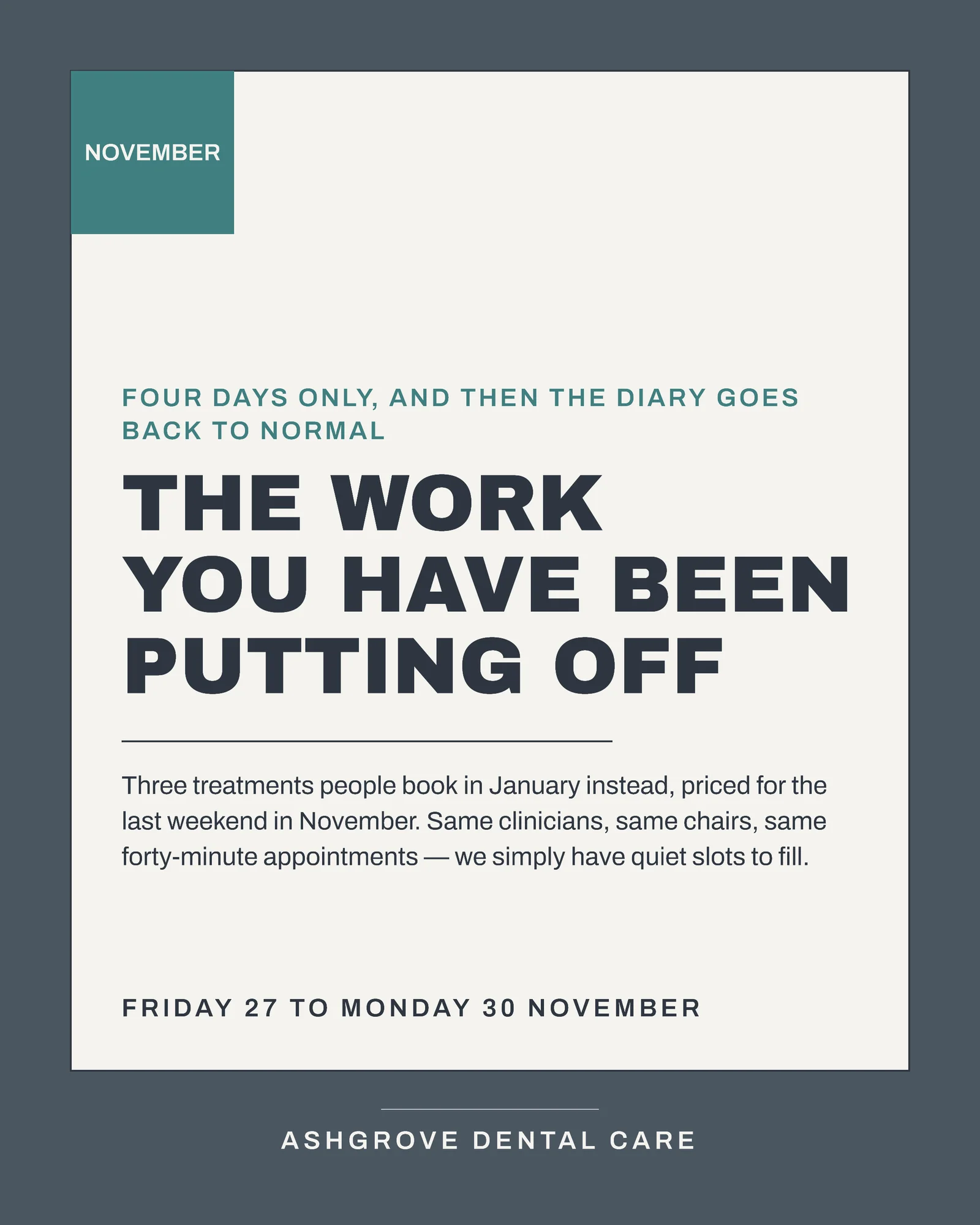 Slate Teal Card Stack Dental Black Friday Diary Facebook Carousel — 5-panel Facebook carousel carousel template, page 1 of 5