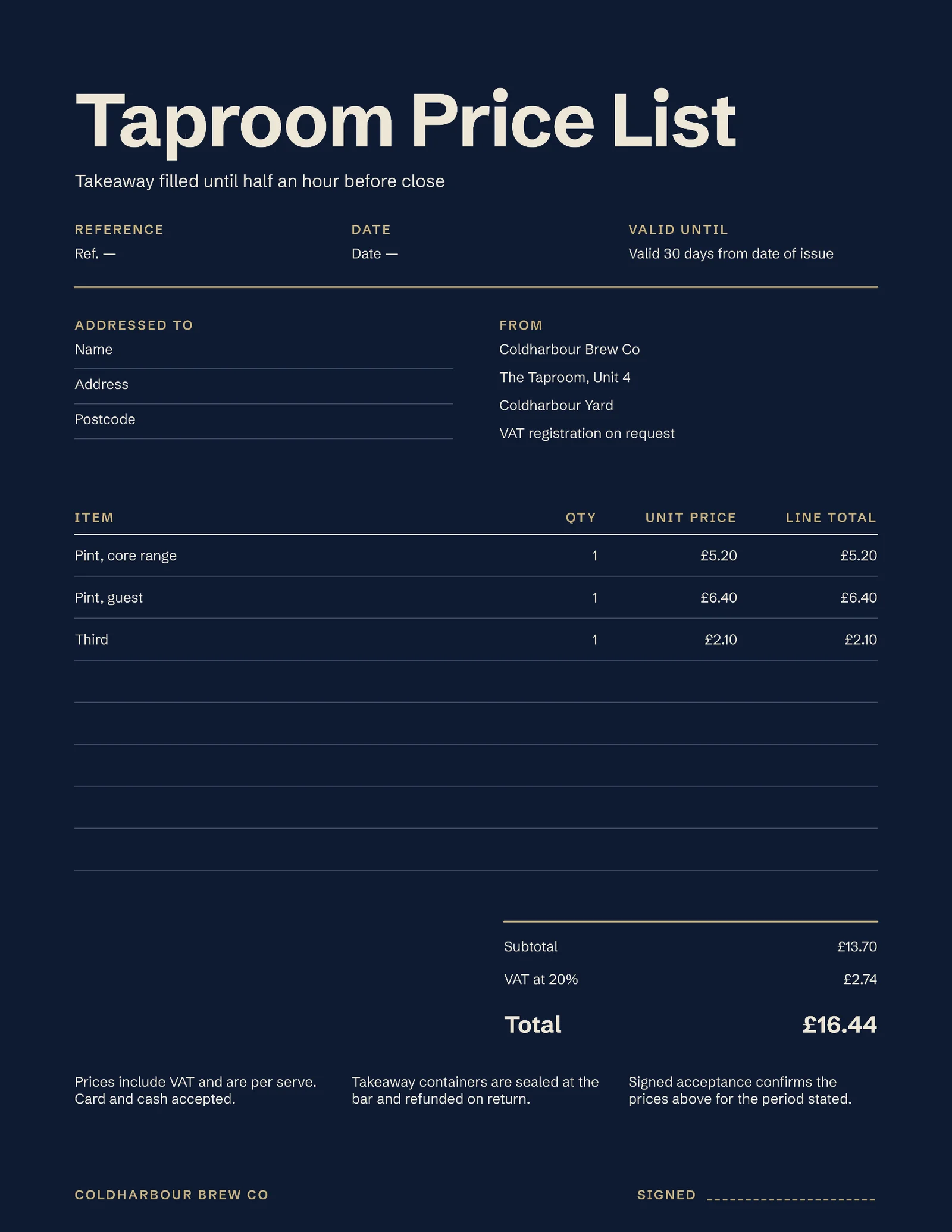 Taproom Prices Menu — Letter Menu template