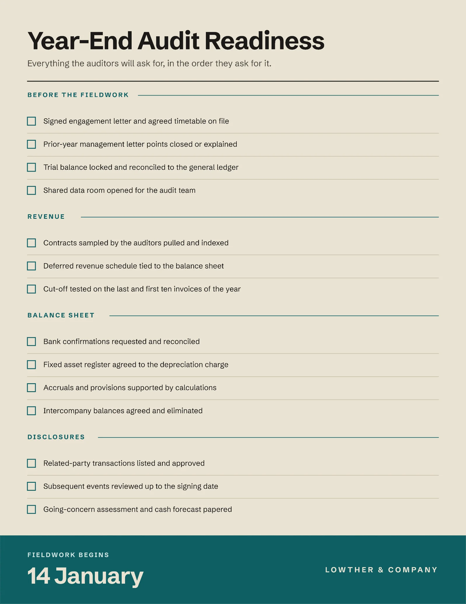 Audit Readiness Checklist One Pager — 2-page One pager template, page 1 of 2