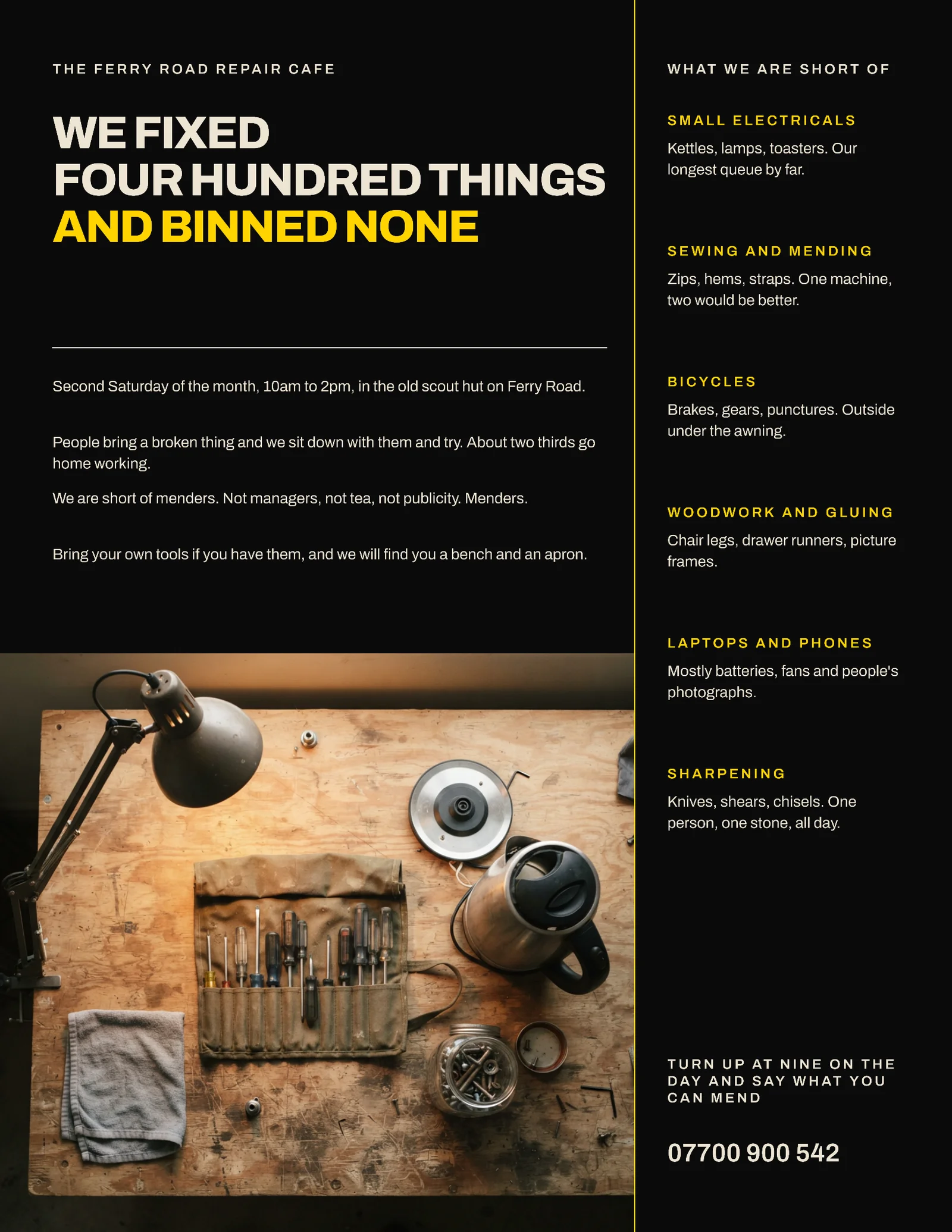 Near Black Yellow Left Block Detail Column Repair Cafe Menders Flyer — Letter Flyer template