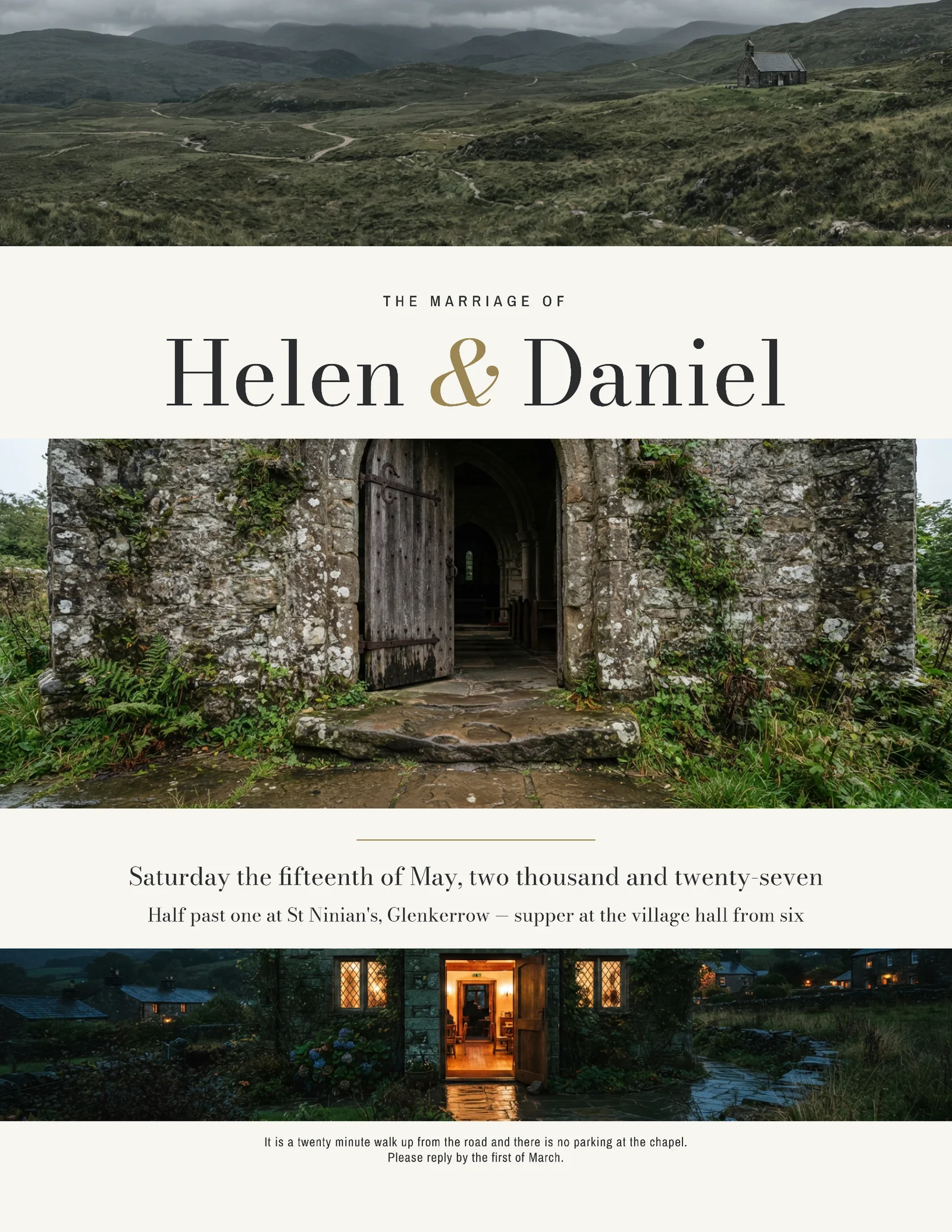 Hillside Chapel Horizon Strips Wedding Invitation — Letter Invitation template
