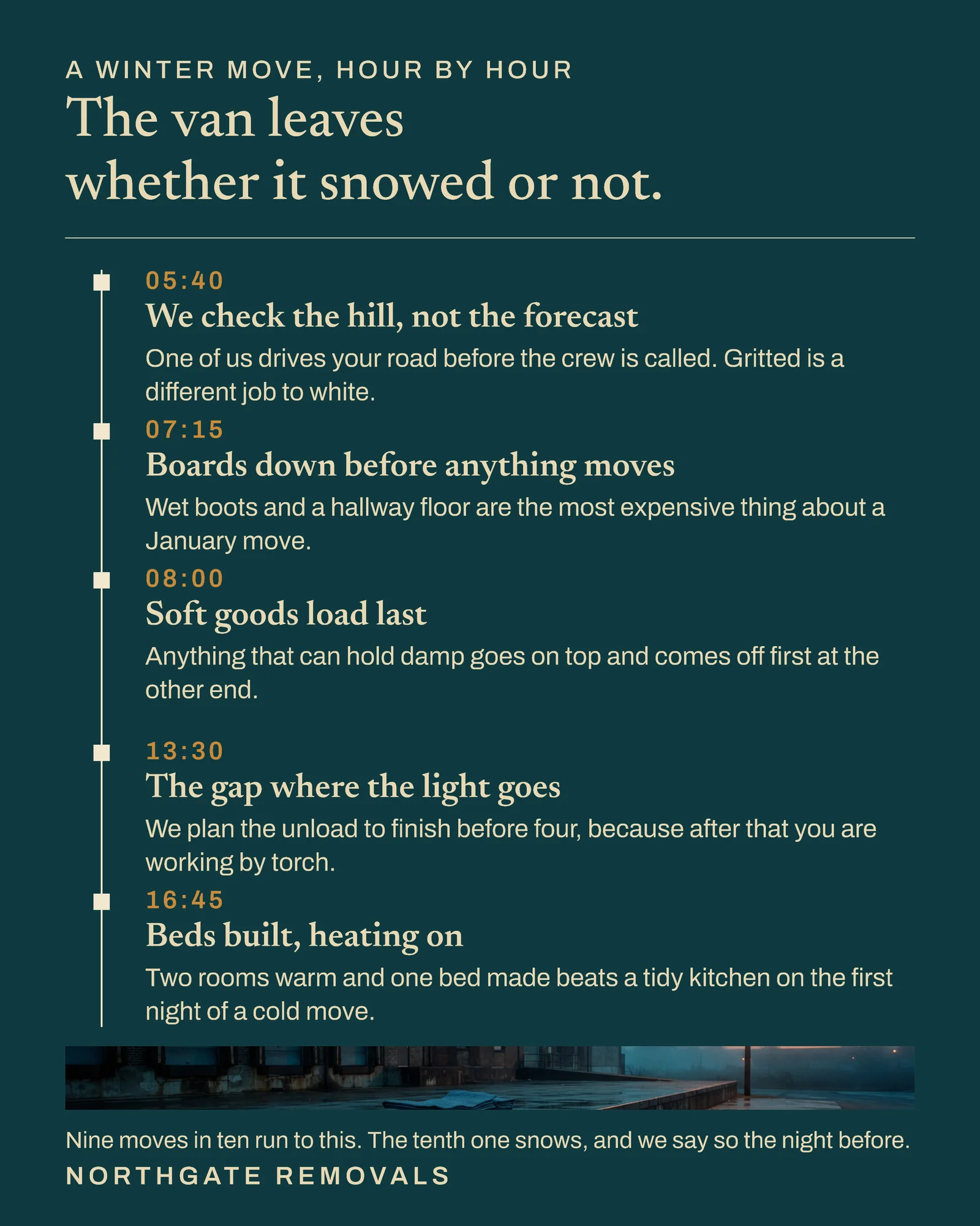 Deep Teal Sand Weather Hold Timeline Removals Winter Move Post — 4:5 Facebook post template
