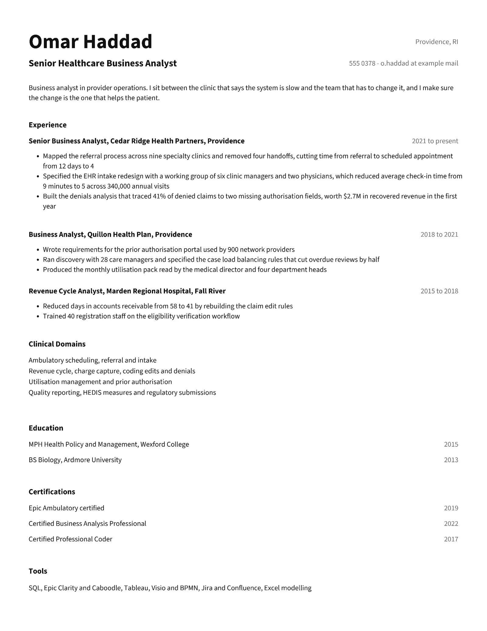 Healthcare Business Analyst Resume — Letter Resume template