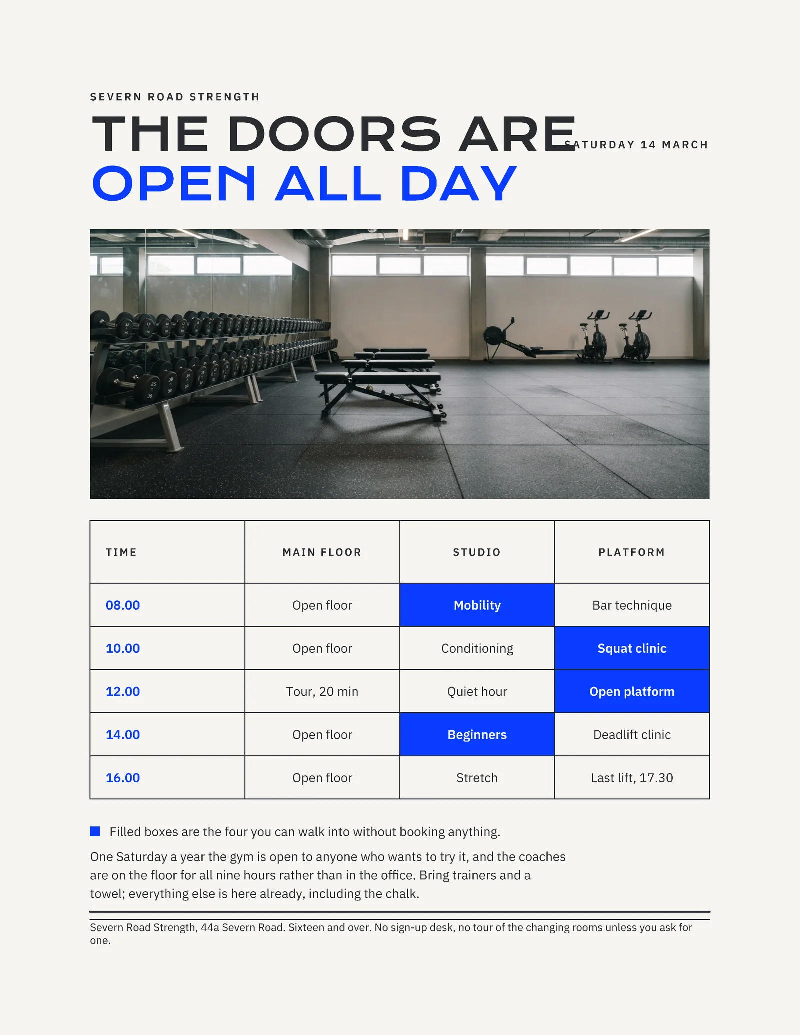 Chalk Electric Blue Timetable Grid Gym Open Morning Invitation — Letter Invitation template