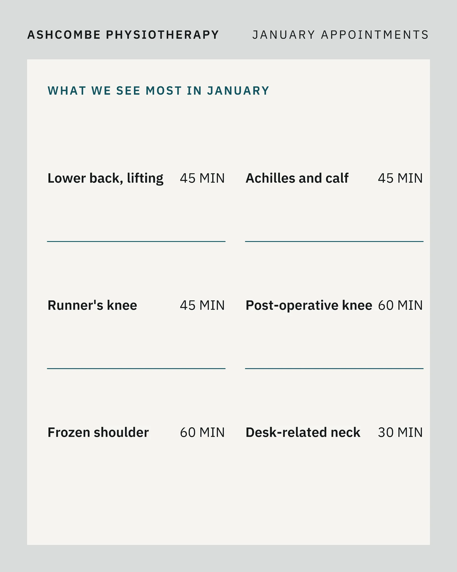 Mineral Petrol Card Grid Physiotherapy January Appointments Facebook Carousel — 4-panel Facebook carousel carousel template, page 3 of 4