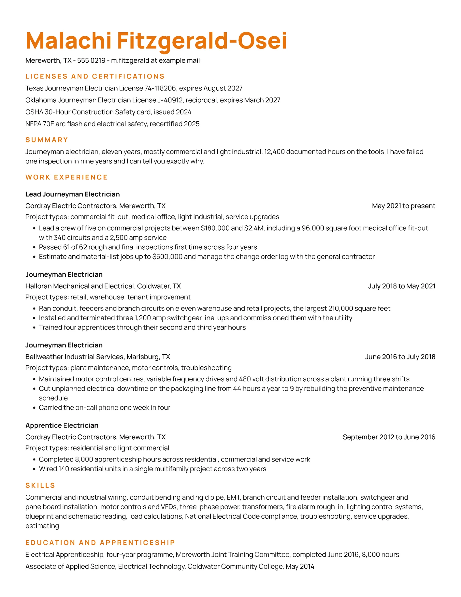 ATS Electrician Resume — Letter Resume template