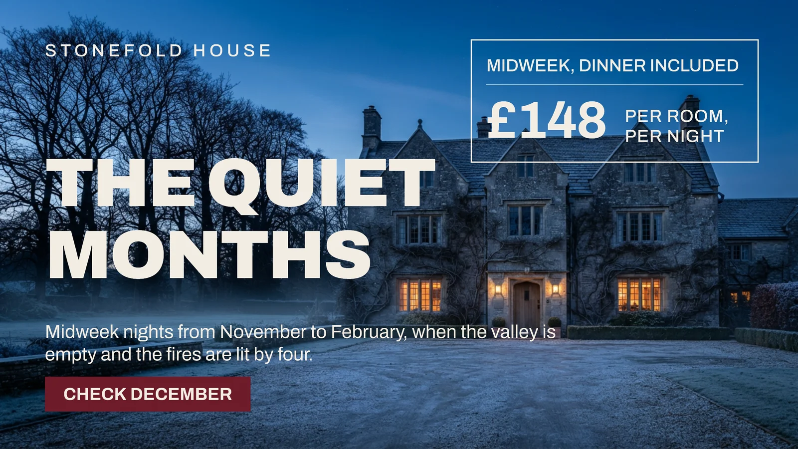 Bone Claret Full Bleed Country Hotel Winter Midweek YouTube Ad — 16:9 YouTube ad template