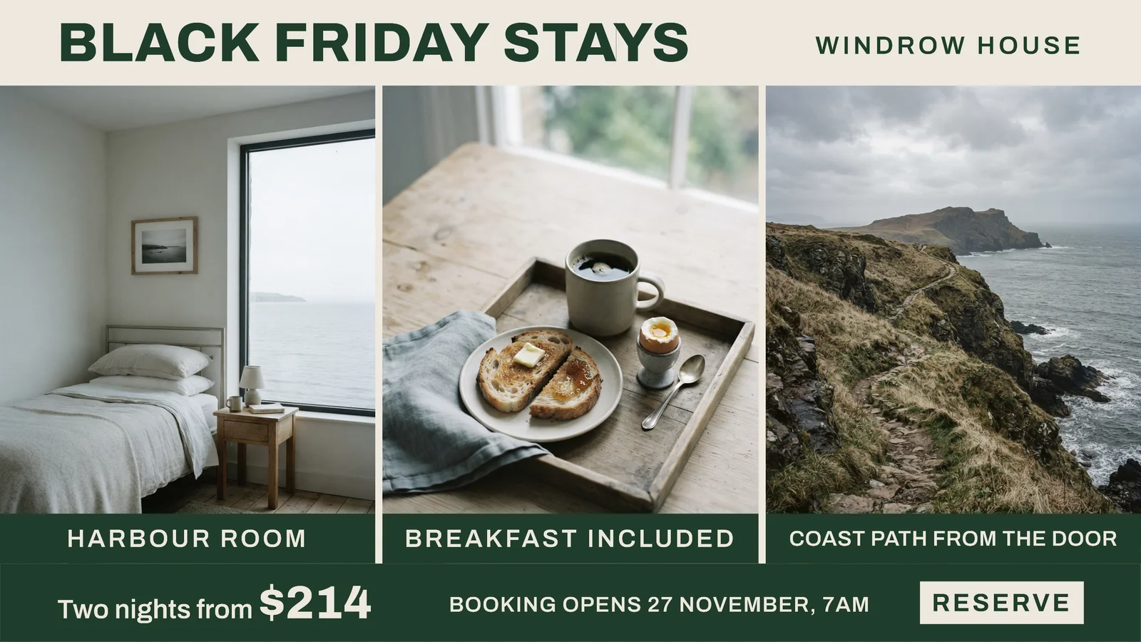 Bone Green Triptych Coastal Hotel Black Friday YouTube Ad — 16:9 YouTube ad template