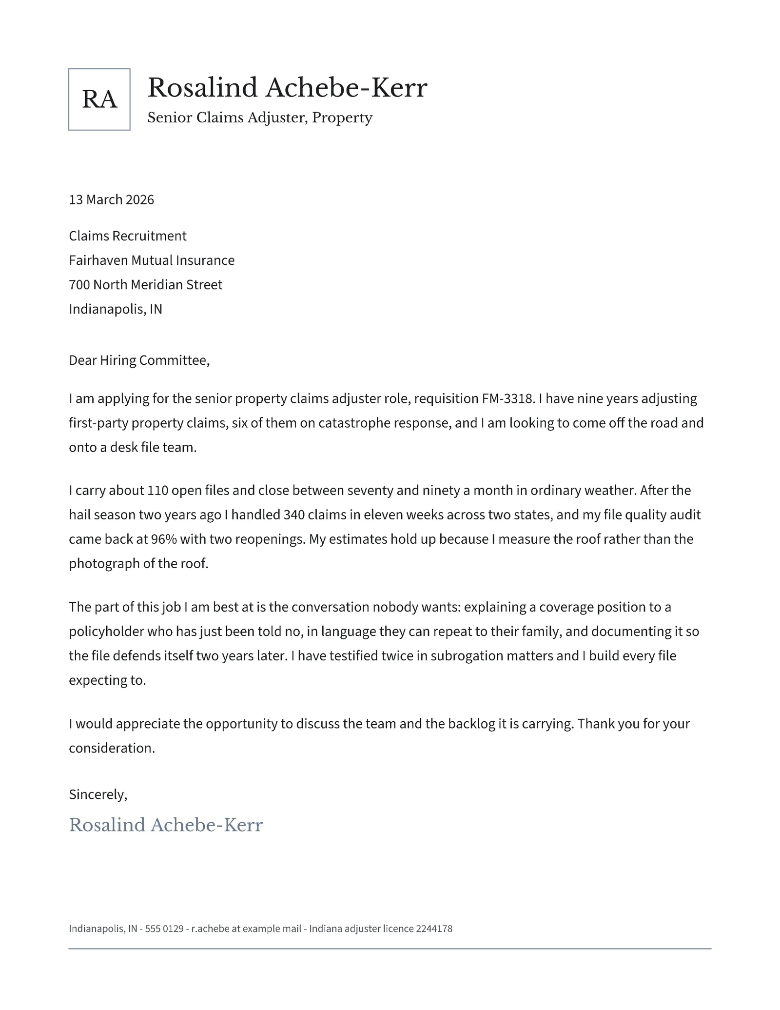 Insurance Claims Adjuster Cover Letter — Letter Cover letter template