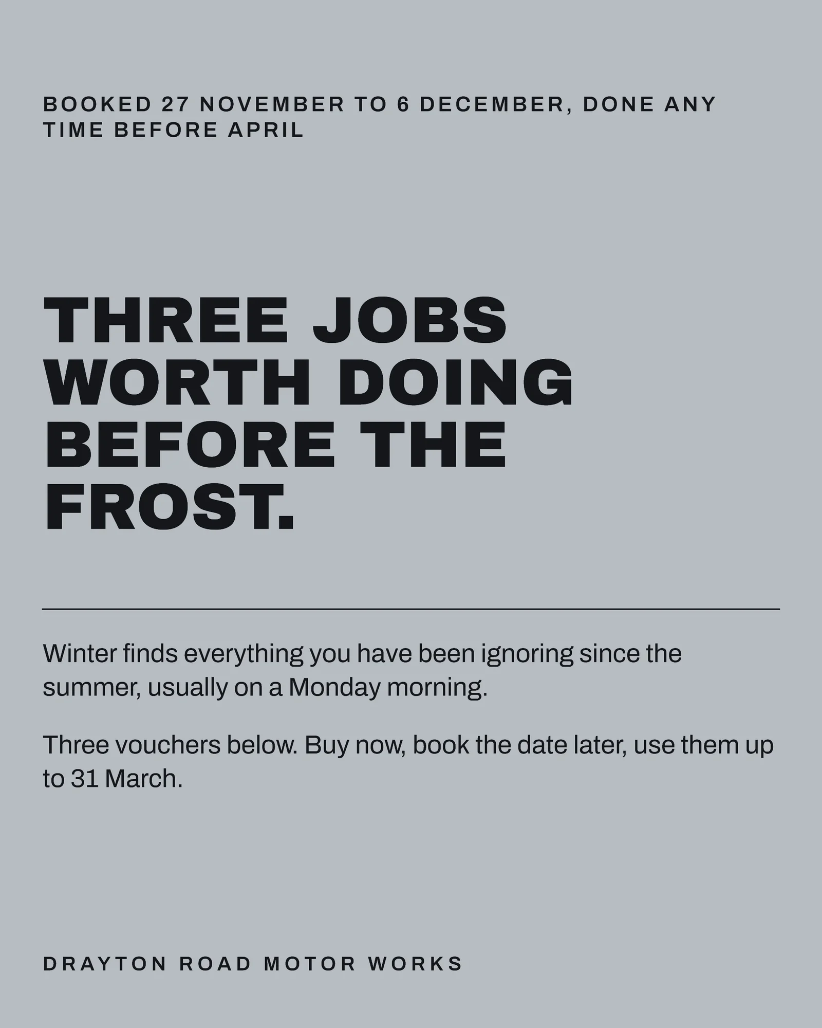 Concrete Voucher Book Motor Works Black Friday Winter Jobs Instagram Carousel — 5-panel Instagram carousel carousel template, page 1 of 5