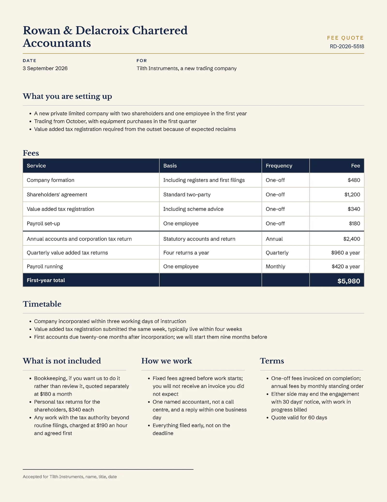 Ivory Navy Company Formation Compliance Quote — 2-page Quote template, page 1 of 2