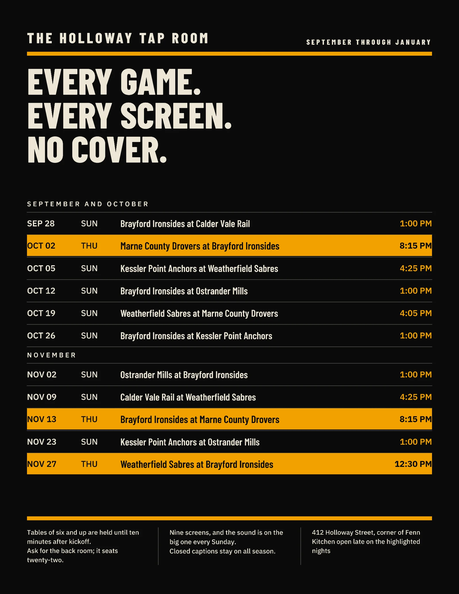 Near Black Amber Fixture Table Sports Bar Football Season Flyer — Letter Flyer template