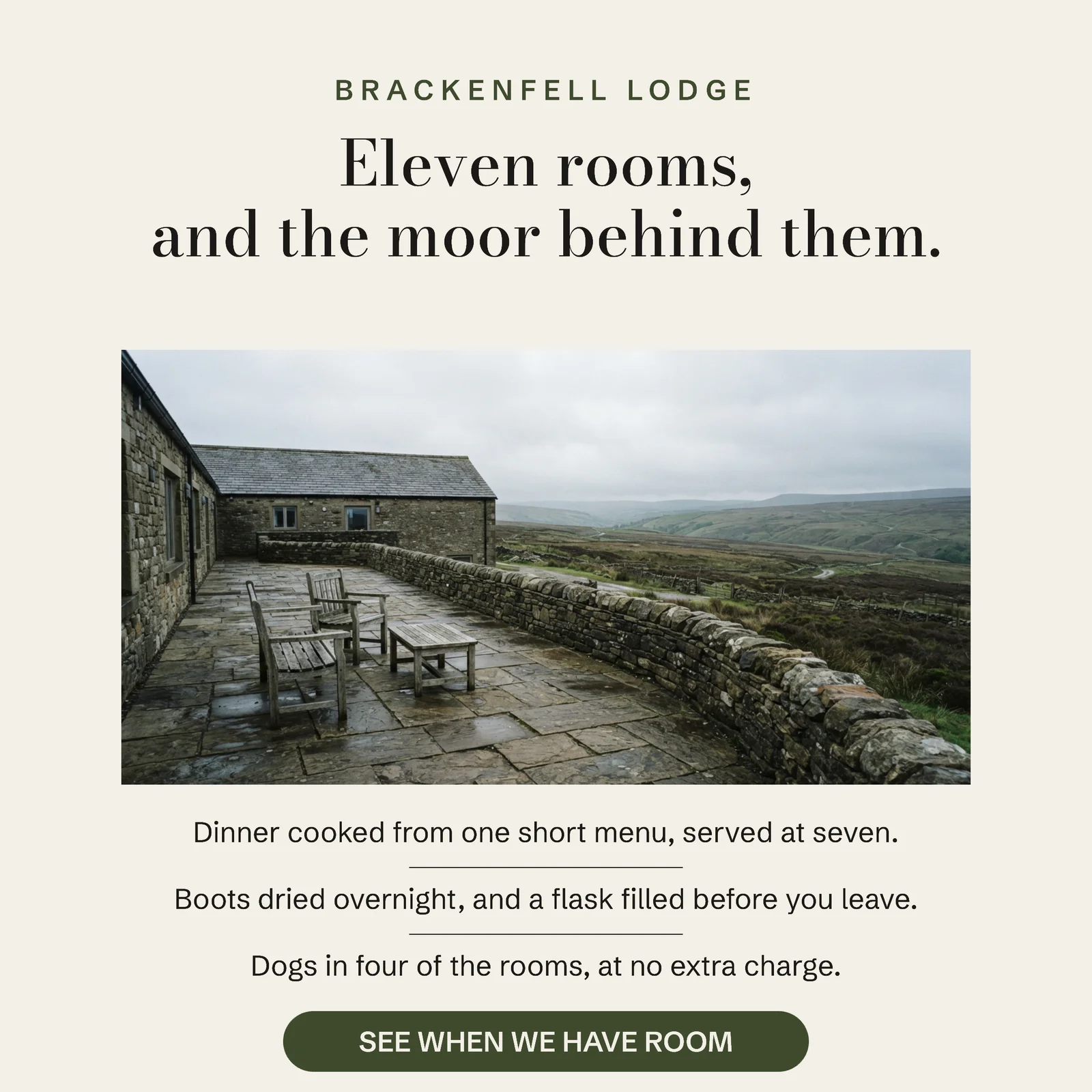 Bone Olive Inset Photo Editorial Stack Country Lodge Stay Facebook Ad — 1:1 Facebook ad template