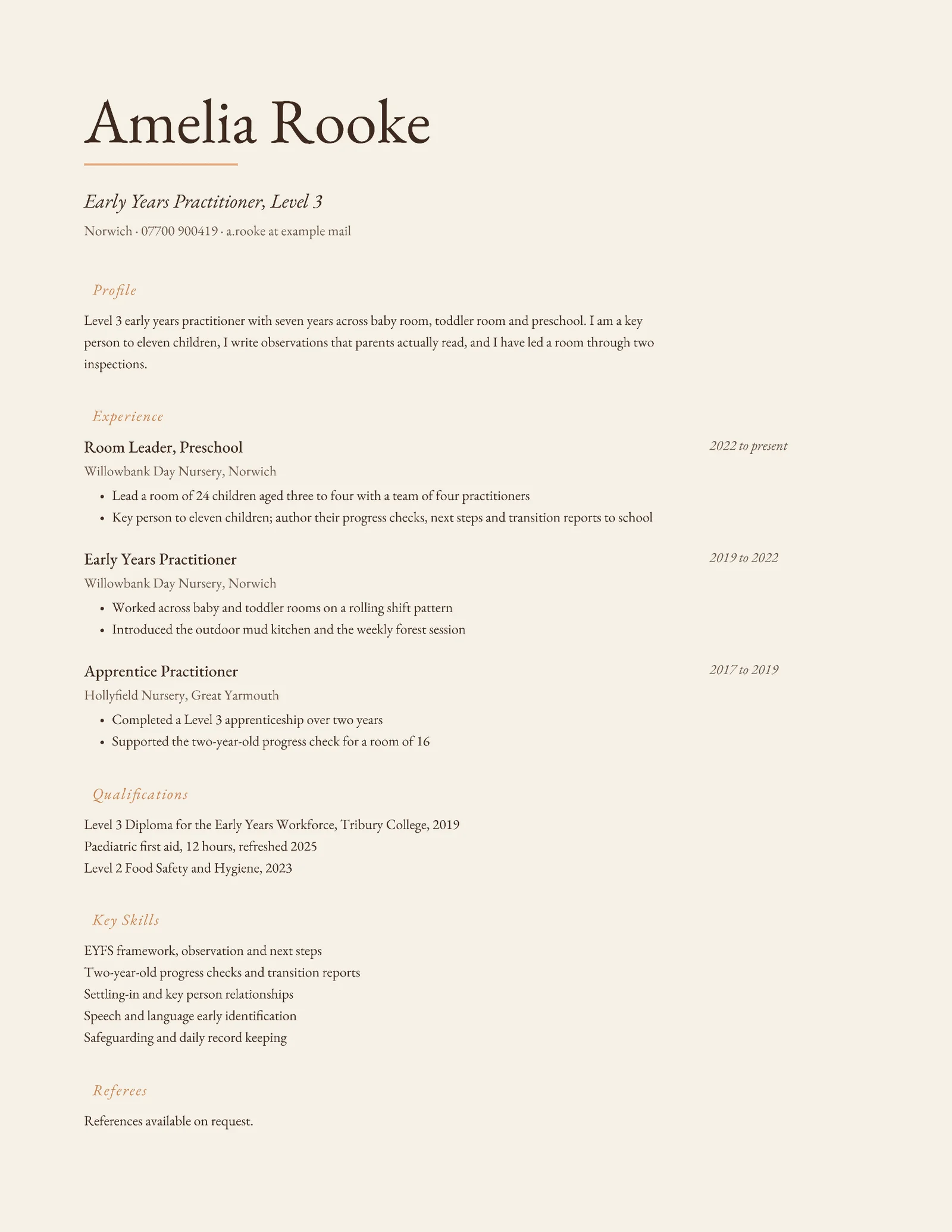 Bone Airy Serif Nursery Practitioner Resume — Letter Resume template